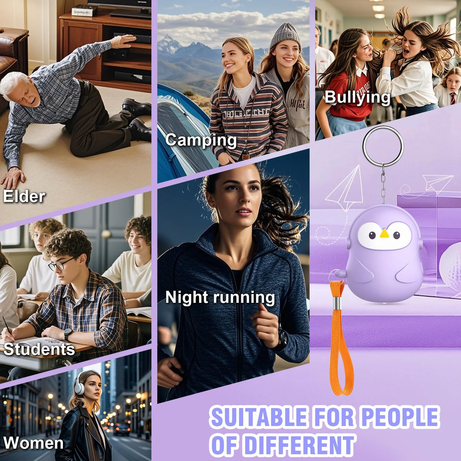 Alarma Personal 130 dB para Mujeres, Alarma de Emergencia para Defensa Personal, Llavero Antiviolación y Sirena con Luz LED para Hombres Ancianos Niños