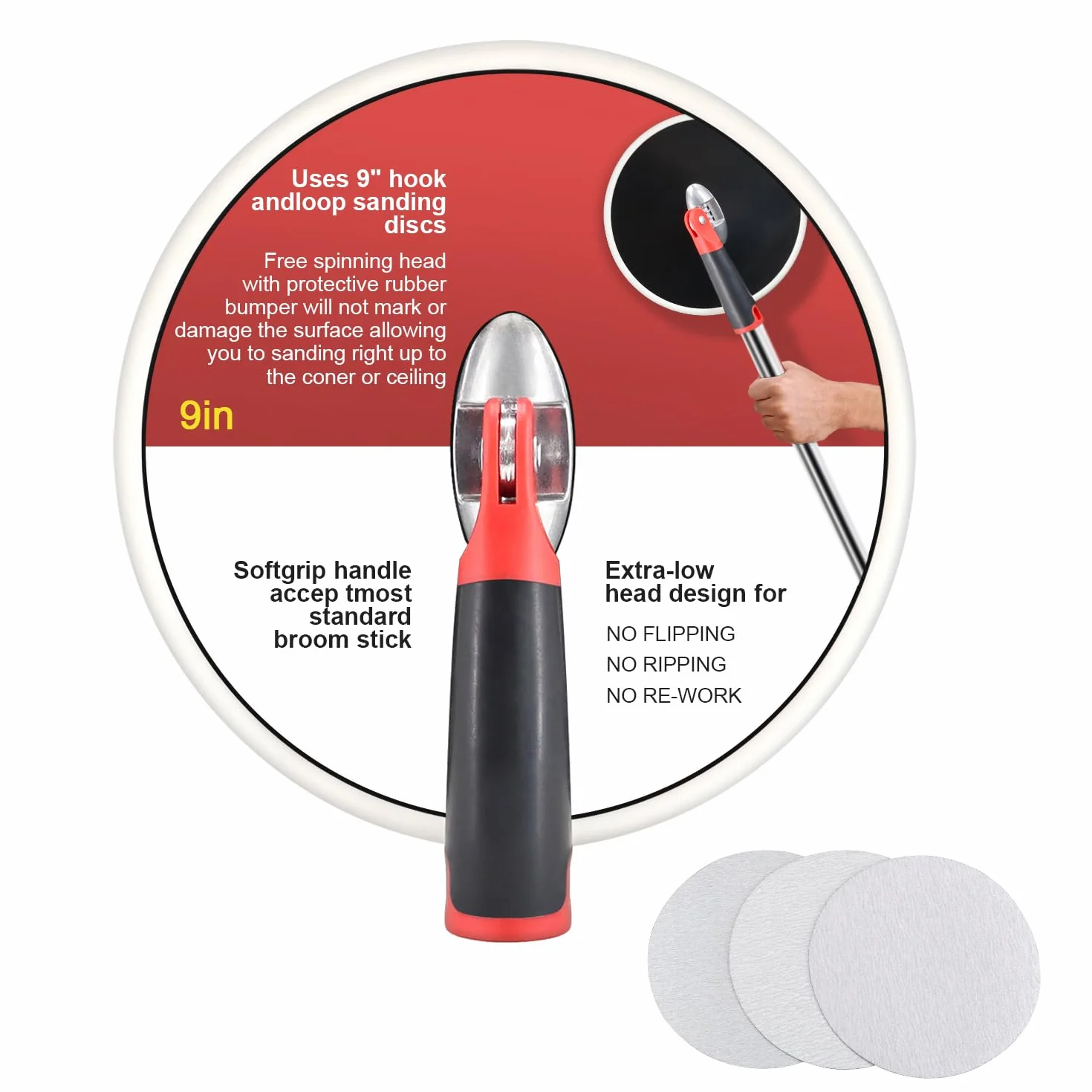 Cabezal de lijadora de mano de radio de 9 pulgadas para pared seca, herramienta de lijado de pintura redonda radial, incluye 3 hojas de lijado de grano 80, 100, 150
