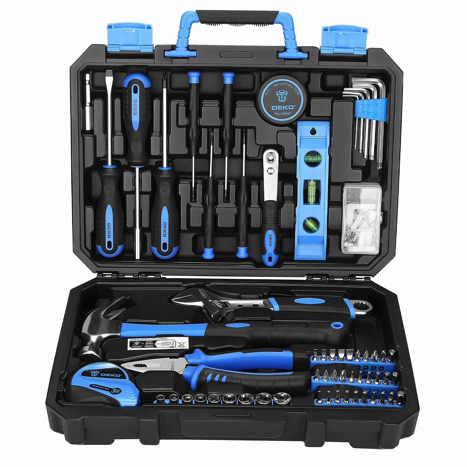DEKO Caja de Herramientas de 100 Piezas Color Azul, Kit de Herramientas de Bricolaje para Hogar, Oficina y Coche, con Juego de Destornilladores, Martillo y Set de Alicates