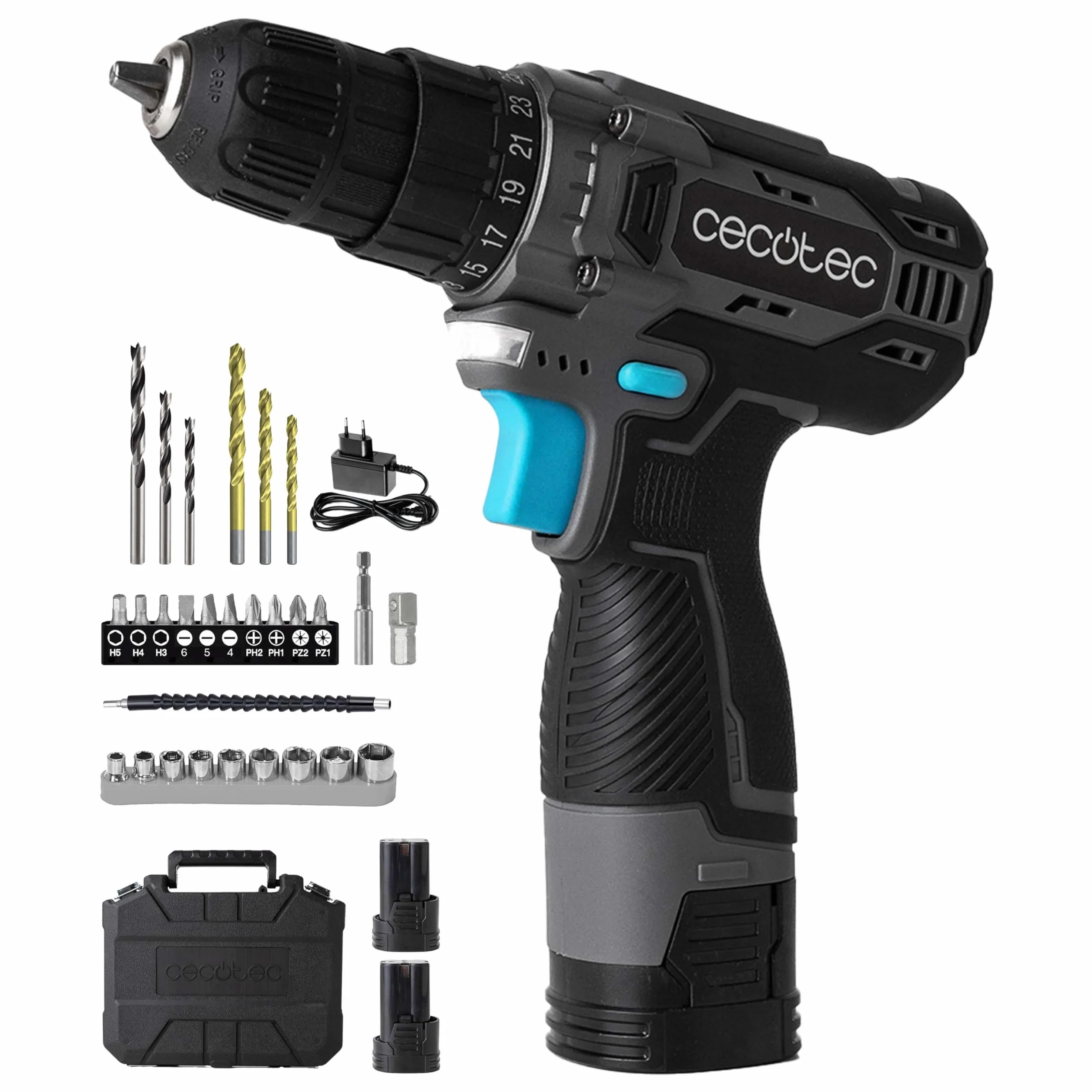 Cecotec Taladro Atornillador a 2 Baterías 16V y 2000mAh PowerForce 1620 Easy Hand. 2 Niveles de Velocidad hasta 1500rpm, Par de Apriete de 38Nm Regulable en 25+1 Niveles, Incluye Maletín y Accesorios