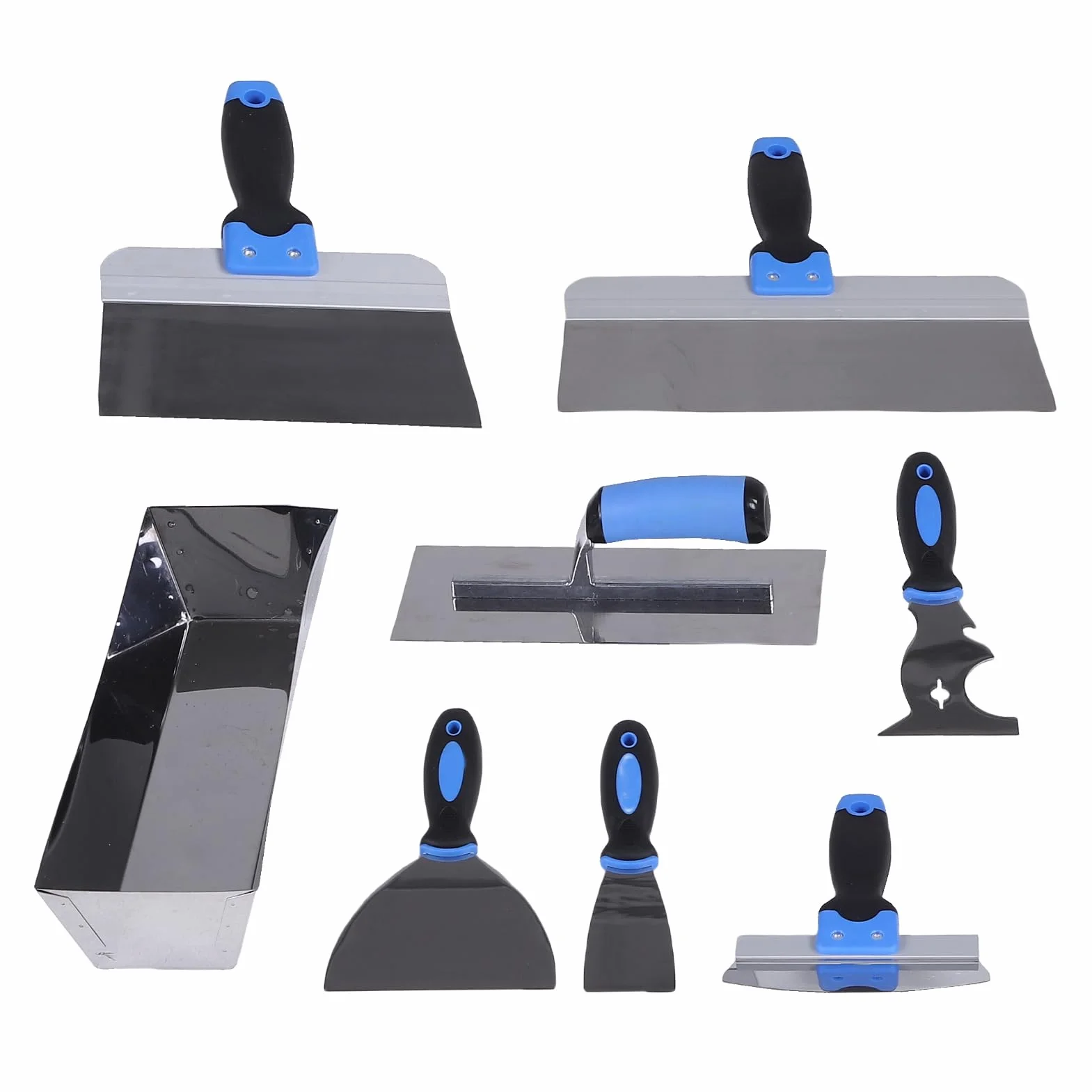 Naroote Kit de Herramientas Manuales para Paneles de Yeso de Acero Inoxidable de 8 Piezas, Juego de Barro con Espátula para Masilla con Bandeja para Barro de 14 Pulgadas, Raspadores y Paletas, Ideal
