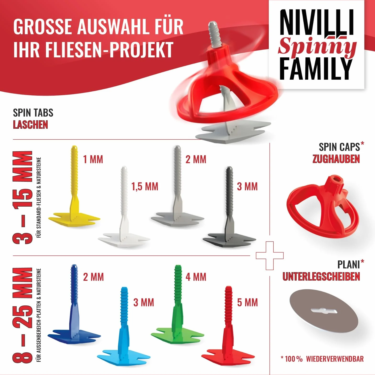 SPINNY Sistema de nivelación 100 bonetes de tracción, ayuda a la colocación, adecuado para las lengüetas SPINNY. - Herramienta para baldosas, ayuda para la colocación
