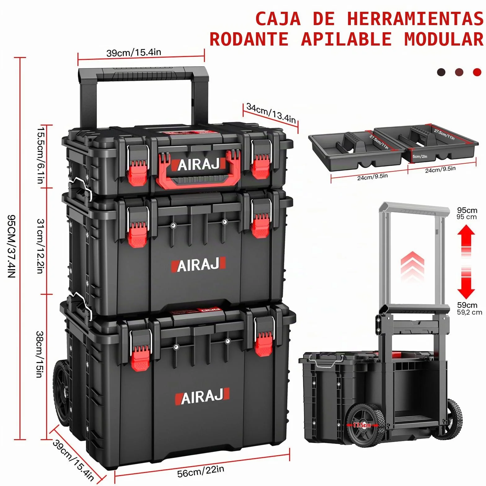 Caja Herramientas con Ruedas de Tres Capas,Caja de Herramientas Apilable Modular,Caja Herramientas Vacia Impermeable,Ruedas Todoterreno,Mango de Varilla de Tracción Retráctil