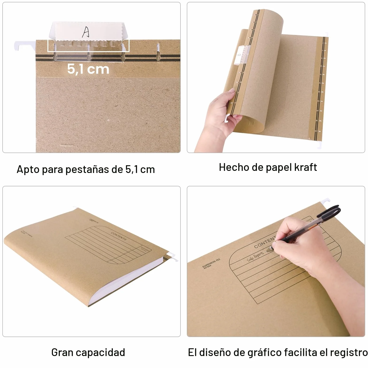 Carpeta Colgante DIN A4 de Papel Kraft 25 Piezas con Pestañas Plásticas y Tarjeta en Blanco Marrón