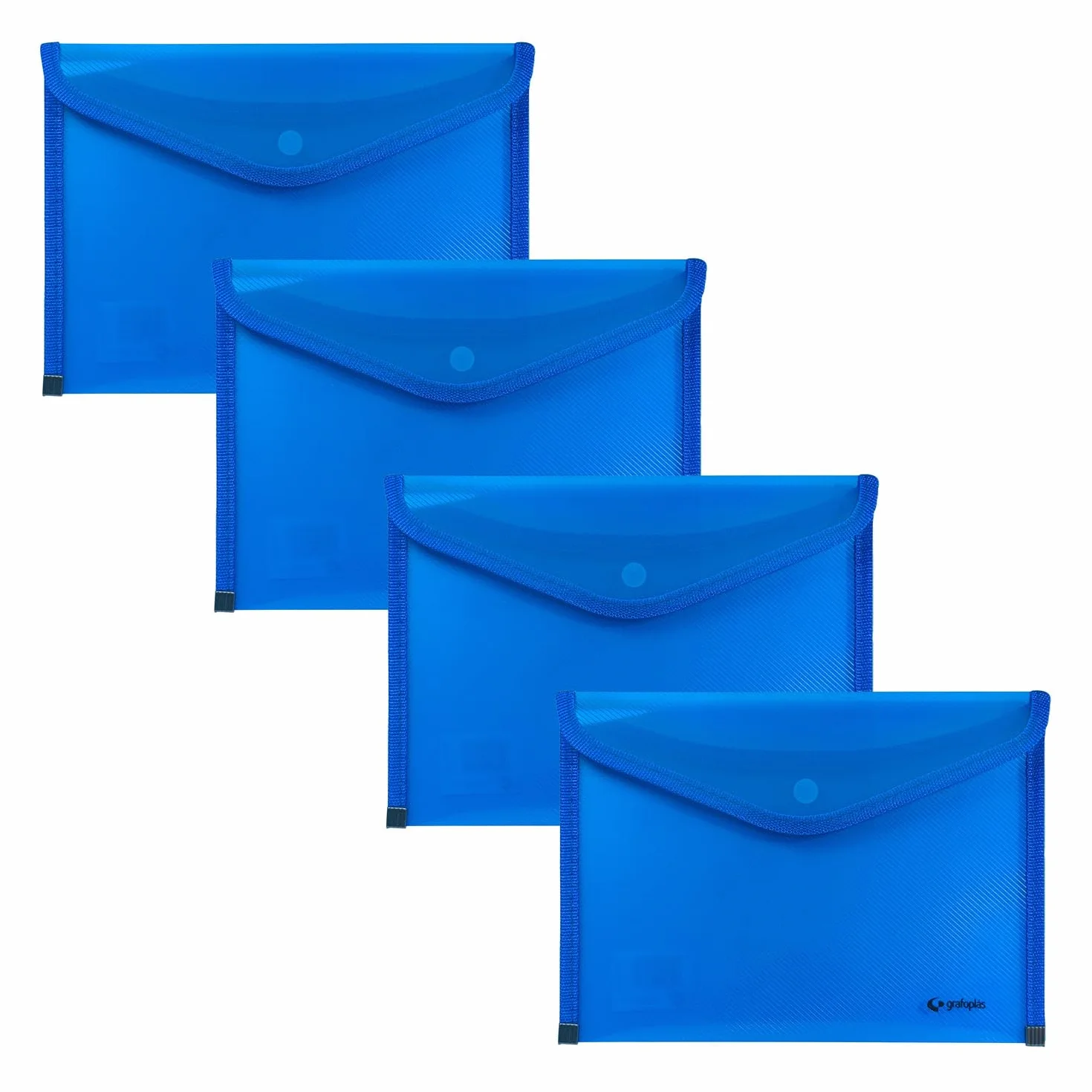 Grafoplas - 4 Sobres Portafolios Plastico Tamaño Cuarto con Cierre Botón, Ribete Tela, 24,5x17,5cm, Color Azul Traslúcido, Para Documentos Pequeños A5 o menos, Perfecto como Portafolios en Oficina
