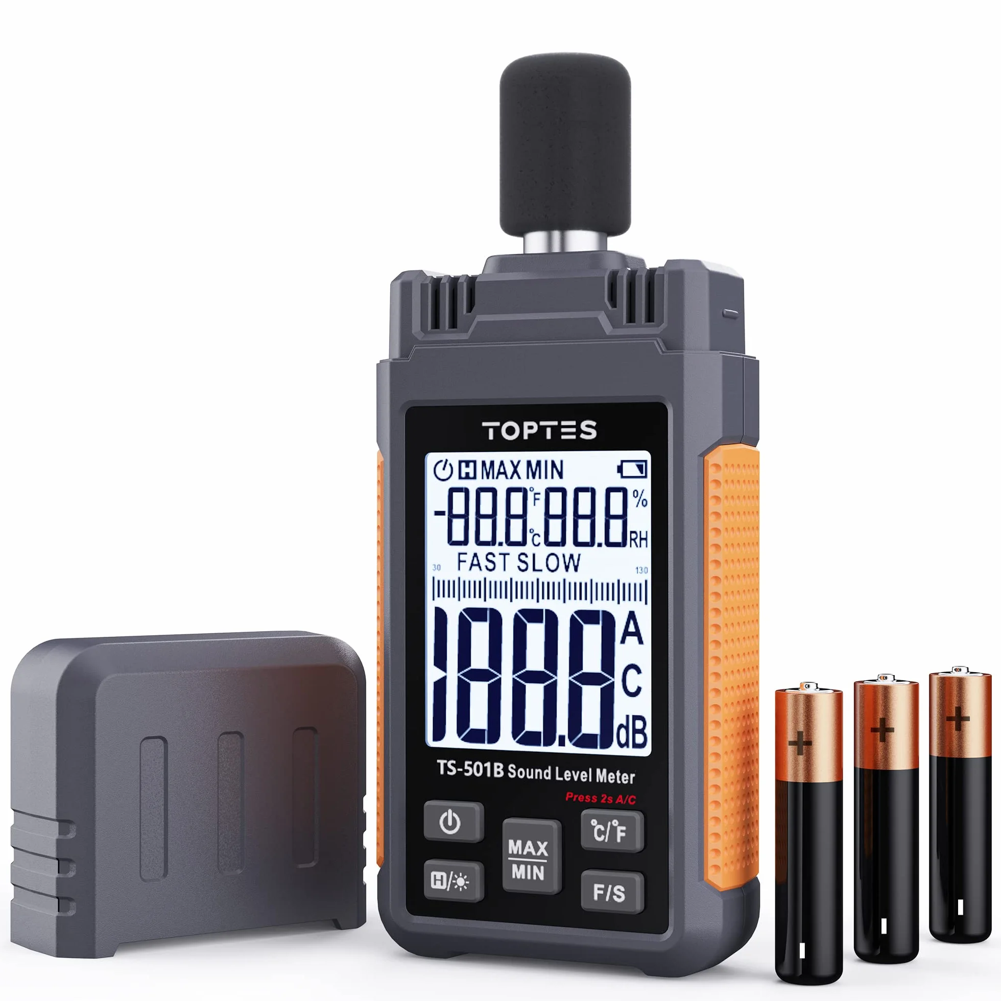 TopTes TS-501B Sonómetro Medidor de Decibelios 30-130 dB LCD 2,25" A/C Naranja