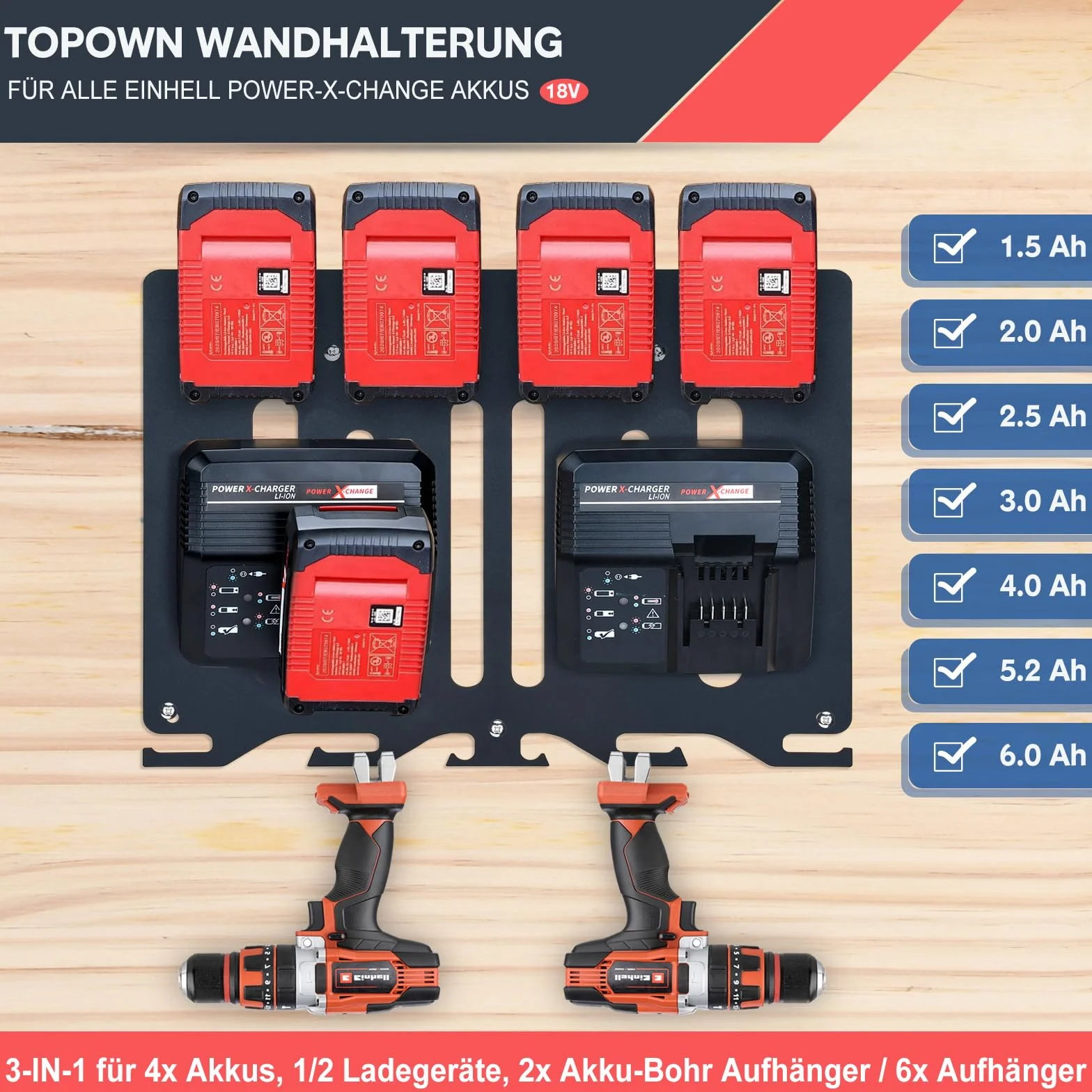 TOPOWN Soporte de pared 3 en 1 Pro para cargadores Einhell y batería de 18 V, para Power X-Change Charger, Twincharger, Fastcharger, Boostcharger