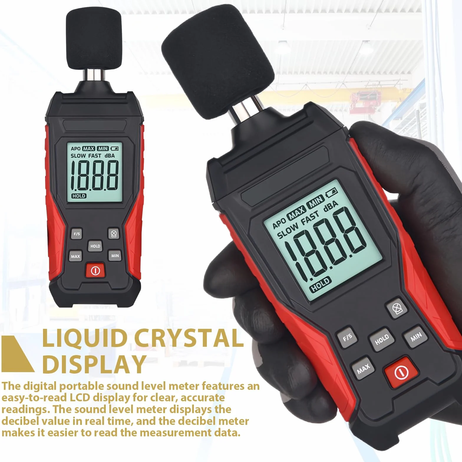 Medidor de decibelios profesional con almacenamiento de datos | Medidor de nivel de sonido digital portátil | Medidor de nivel de sonido 30 – 130 dB (A/C) para casa, obra, oficina | Iluminación LCD