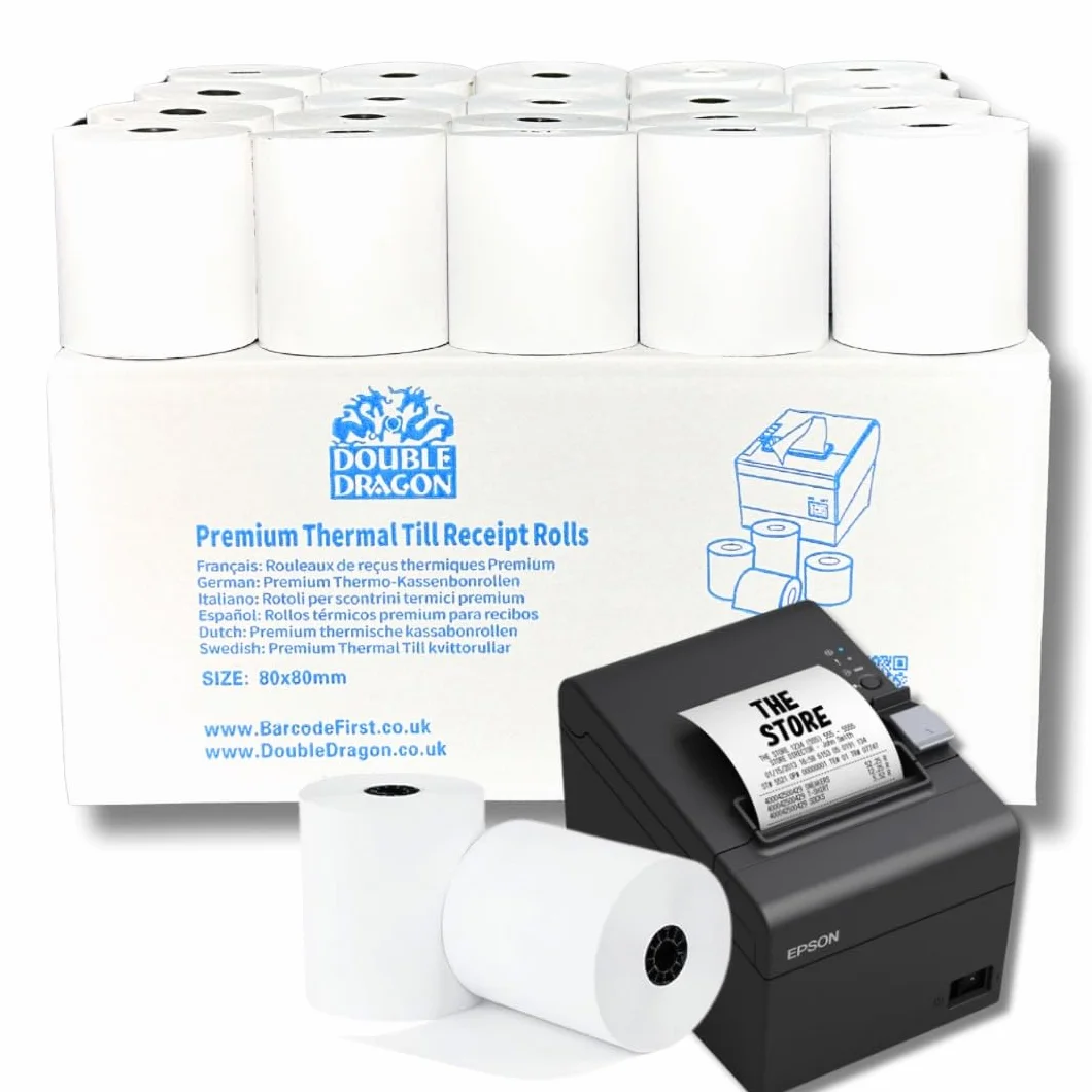 Double Dragon Rollo de Recibo Térmico 80 x 80 mm para Impresora EPOS, Terminal POS, Caja Registradora Paquete de 10