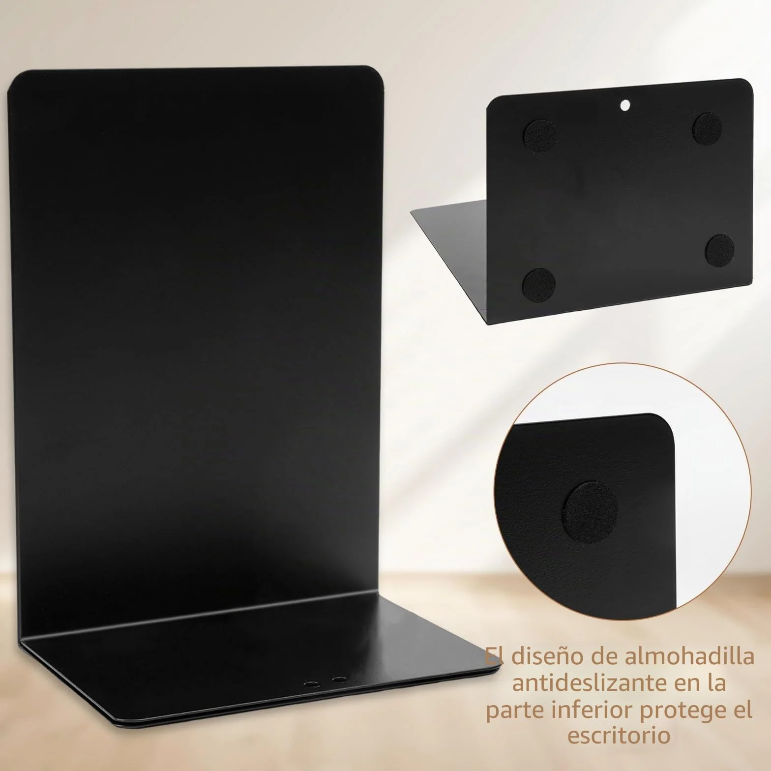 Sujetalibros de Metal Negro 19.5x13.5x10cm con Alfombrilla Antideslizante 6 Piezas