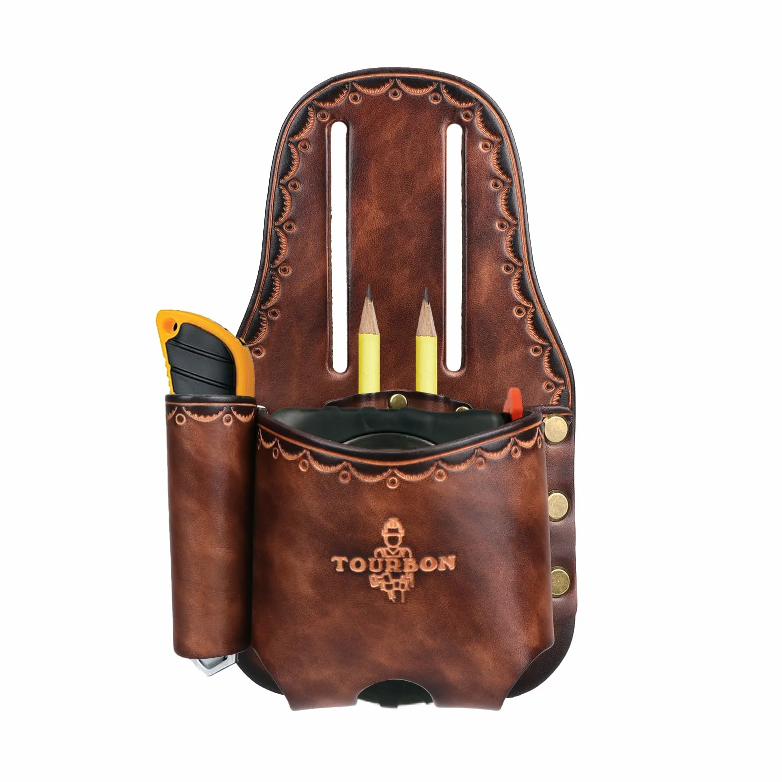 TOURBON - Soporte grande de piel auténtica para cinta métrica de cinturón, bolsa de herramientas con martillo, funda para cuchillos utilitarios, trabillas para lápices