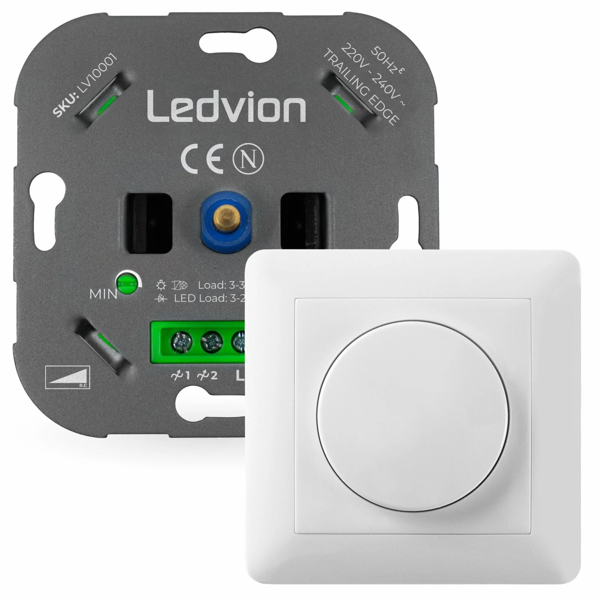 Ledvion - Regulador LED 3-250 Watt, Incluye Placa Frontal Blanca, Universal, Interruptor Regulador LED