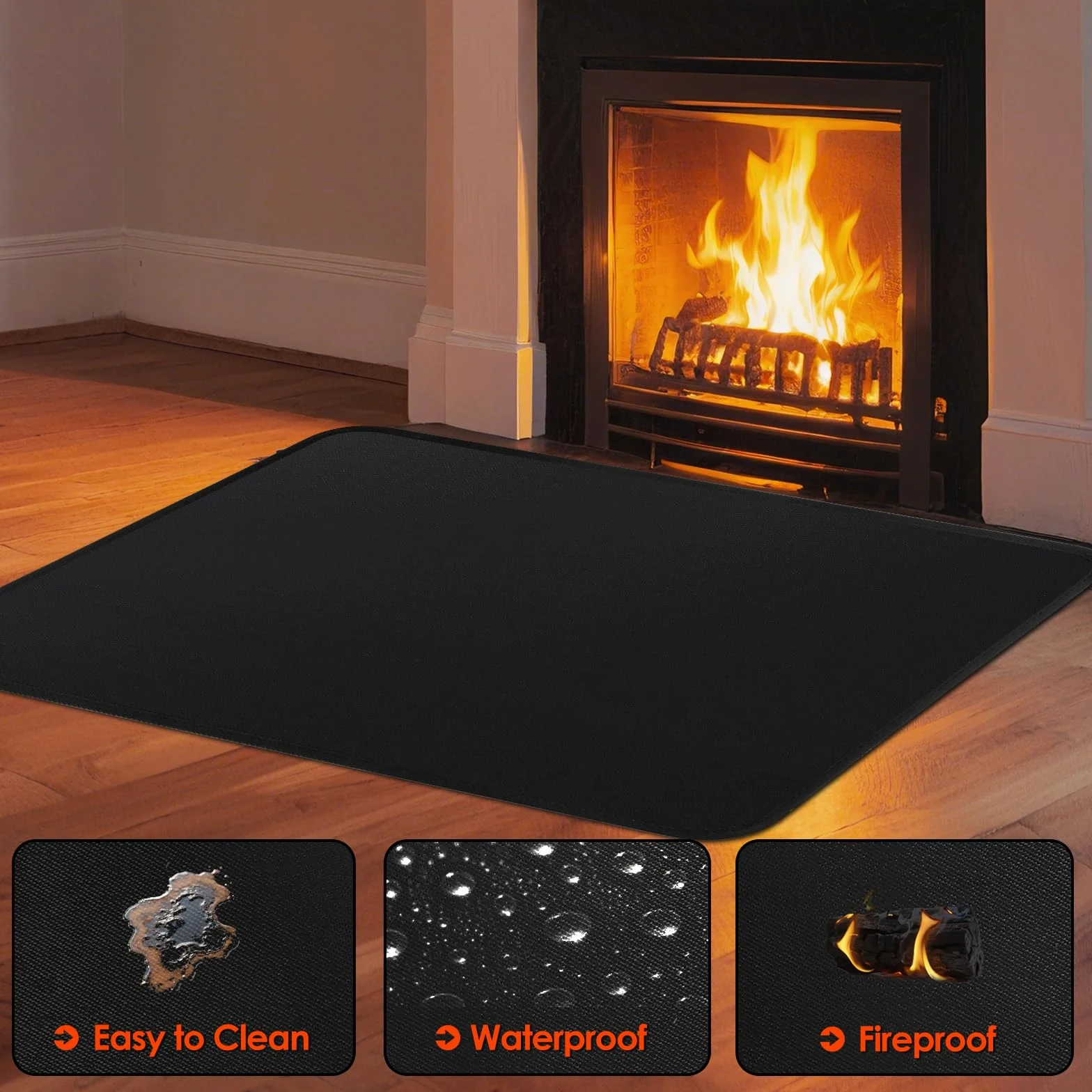 Alfombra antifuego, alfombra ignífuga, ignífuga para estufa de leña, chimenea, interior y exterior, protege los suelos y alfombras de chispas, 150 x 80 x 0,1 cm, color negro