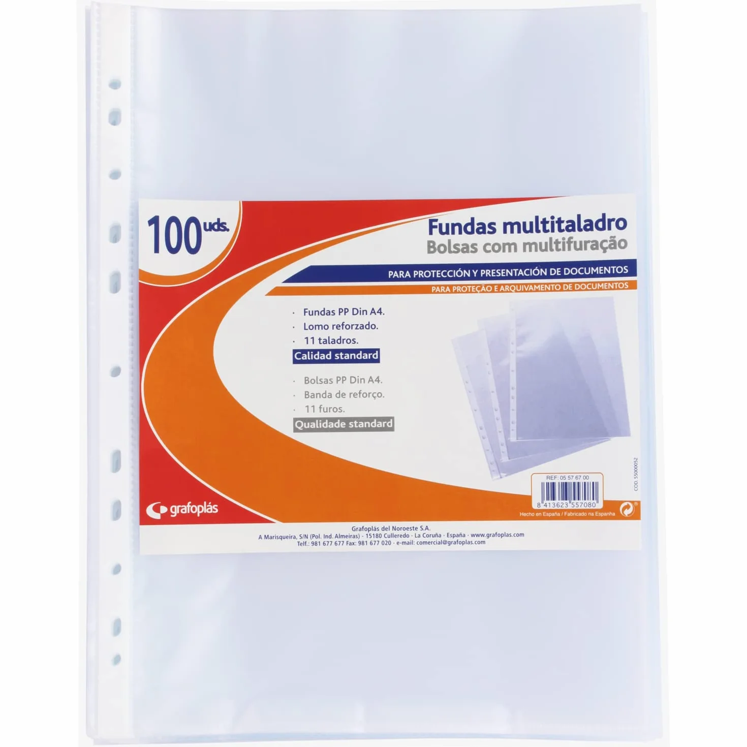 Grafoplas Pack de 100 Fundas Multitaladro A4 Polipropileno Estándar Transparente