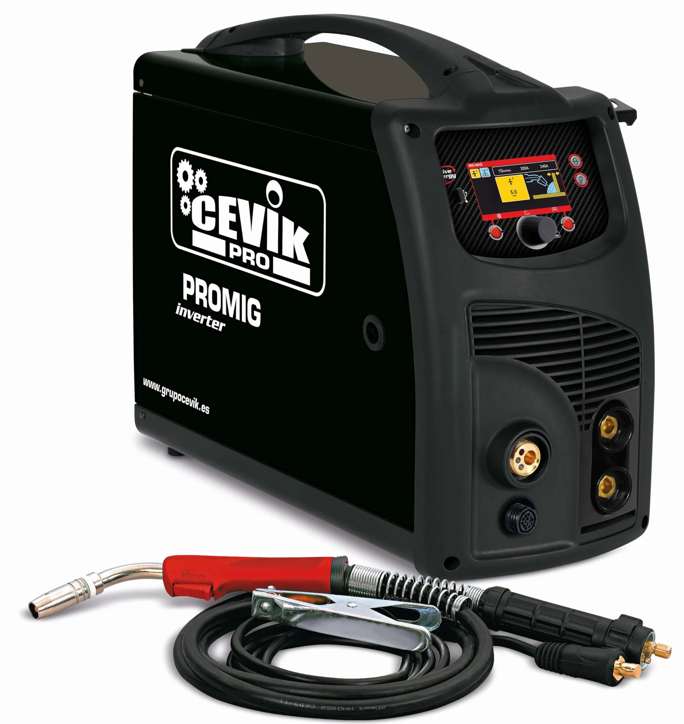 CEVIK PRO CE-PROMIG250PUL - Soldador Inverter MIG/TIG/MMA - 250A 20% - 230V - Hilo 1mm - Electrodos 4mm - Display Digital - Incluye Antorcha MIG AX15, portaelectrodo 35-50, pinza masa 35-50, 2 sirgas