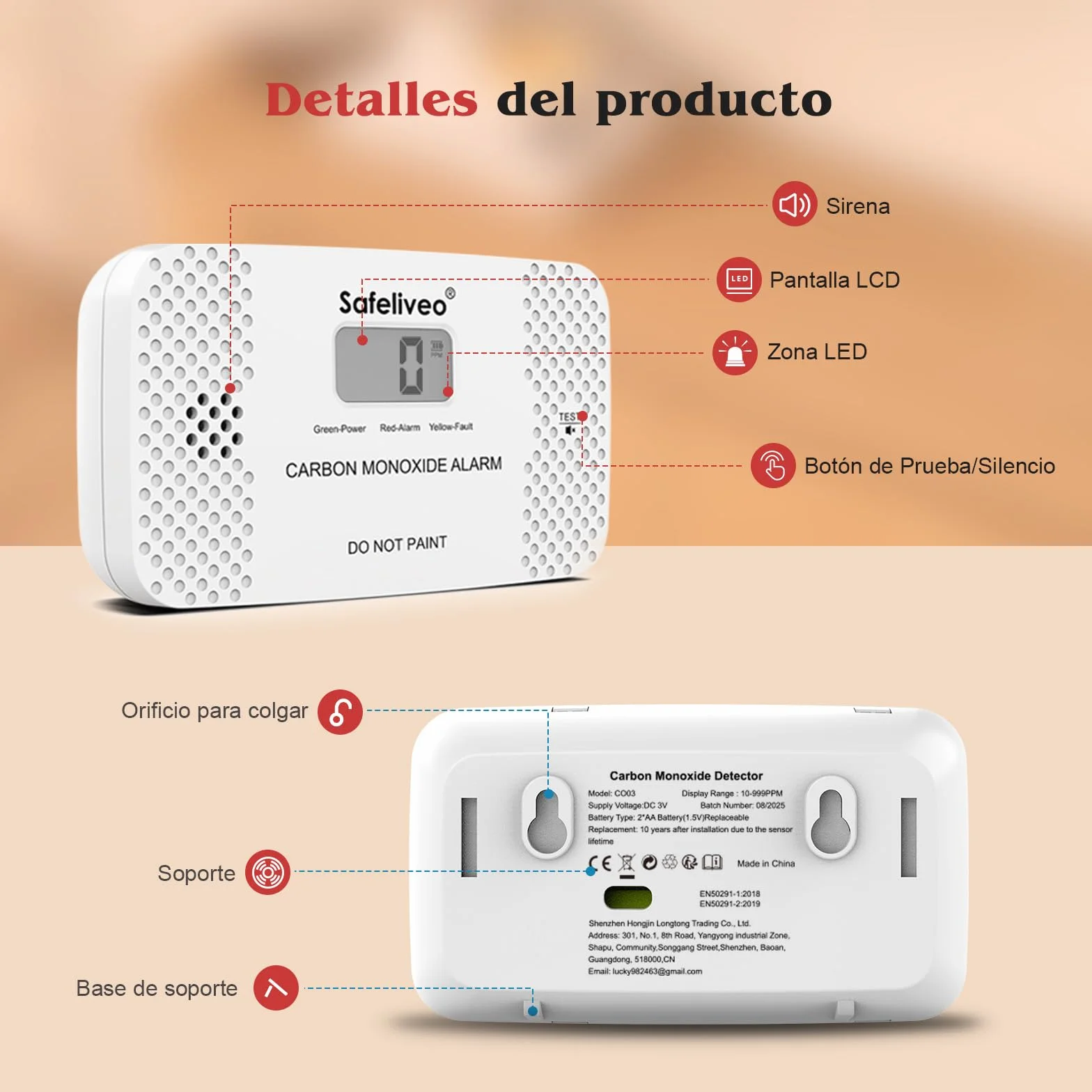 Safeliveo Detector de Monóxido de Carbono con Pantalla LCD,con Batería Reemplazable y botón de Prueba,Certificado EN 50291,Monitor Detector de CO Portátil para Hogar,Viajar y Caravanas -1 Pieza