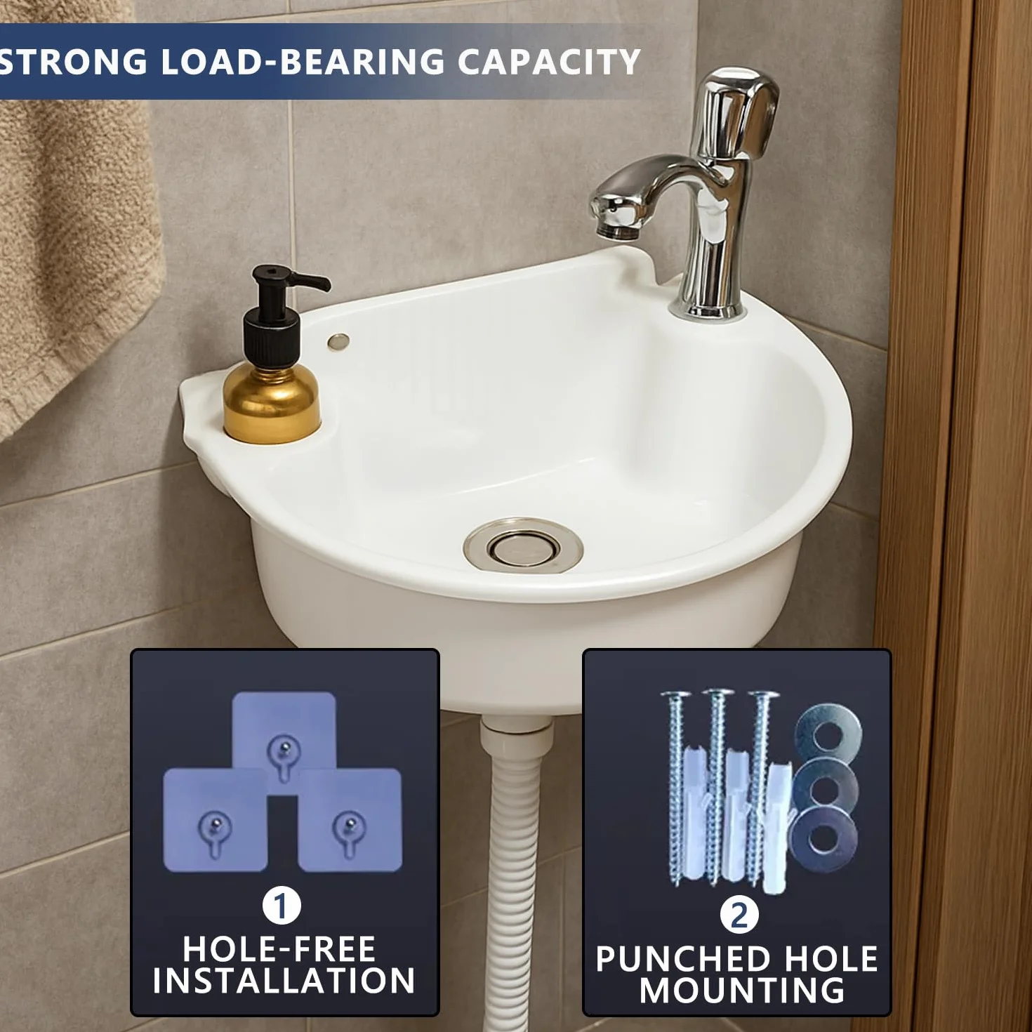 Fregadero de plástico, lavabo de camping con tubo de drenaje, paquete de tornillos, tacos y cubierta de orificios, fregadero semicircular curvado para inodoro, camping, caravanas, sótanos, jardines