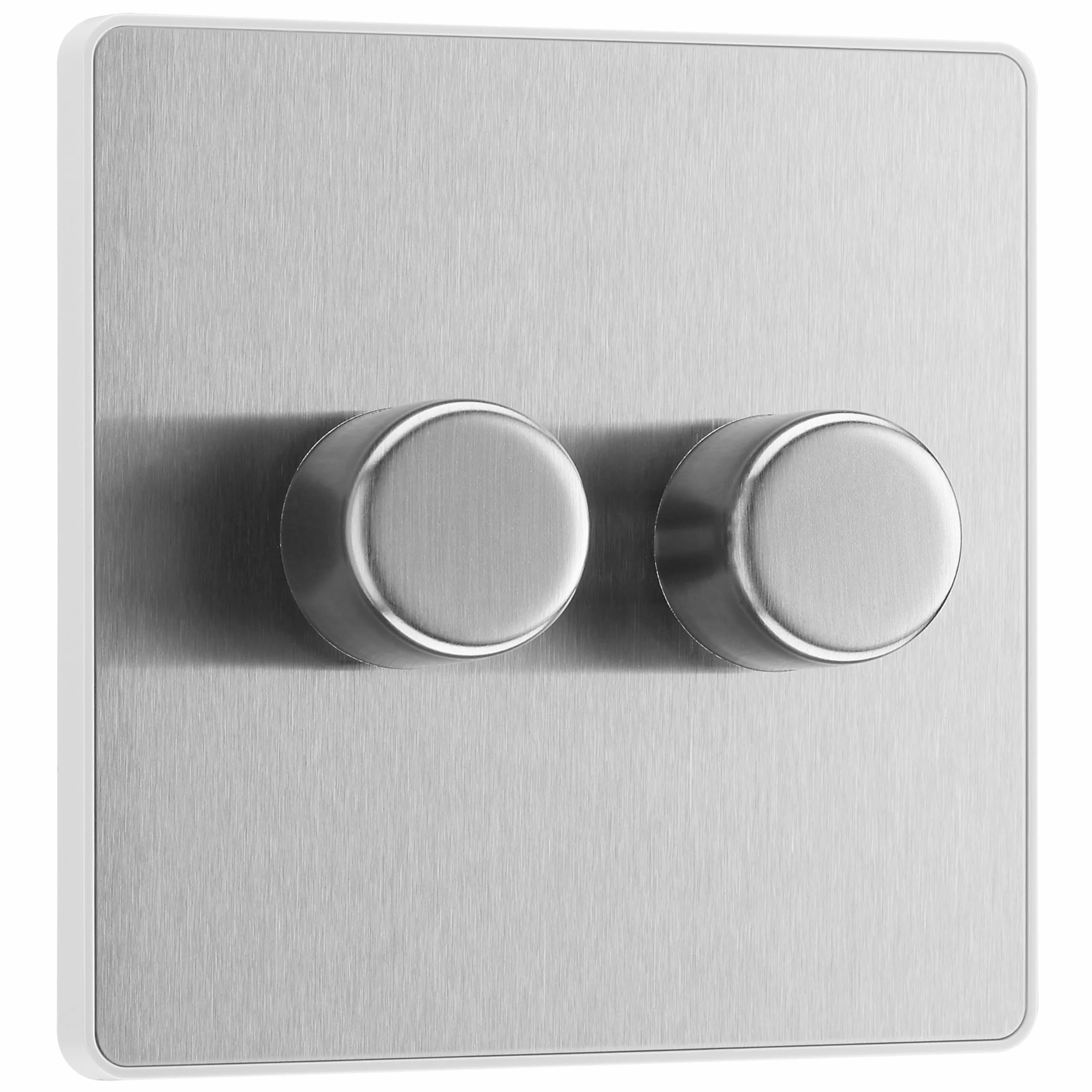 BG Electrical Interruptor de atenuación inteligente de doble pared, 2 vías, placa frontal sin tornillos, Evolve, acero cepillado, 200 W, PCDBS82W