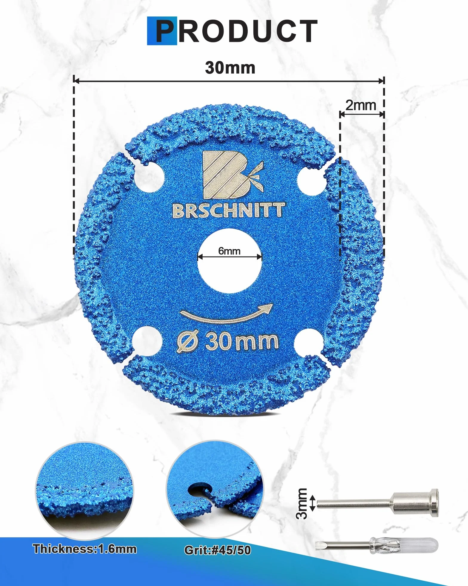Mini Diamantada - 30mm Hoja de sierra circular de metal, vakuumgelötet para cortar hierro, tubos, tornillos, con 3 * 3mm mango redondo & destornillador (3 piezas)
