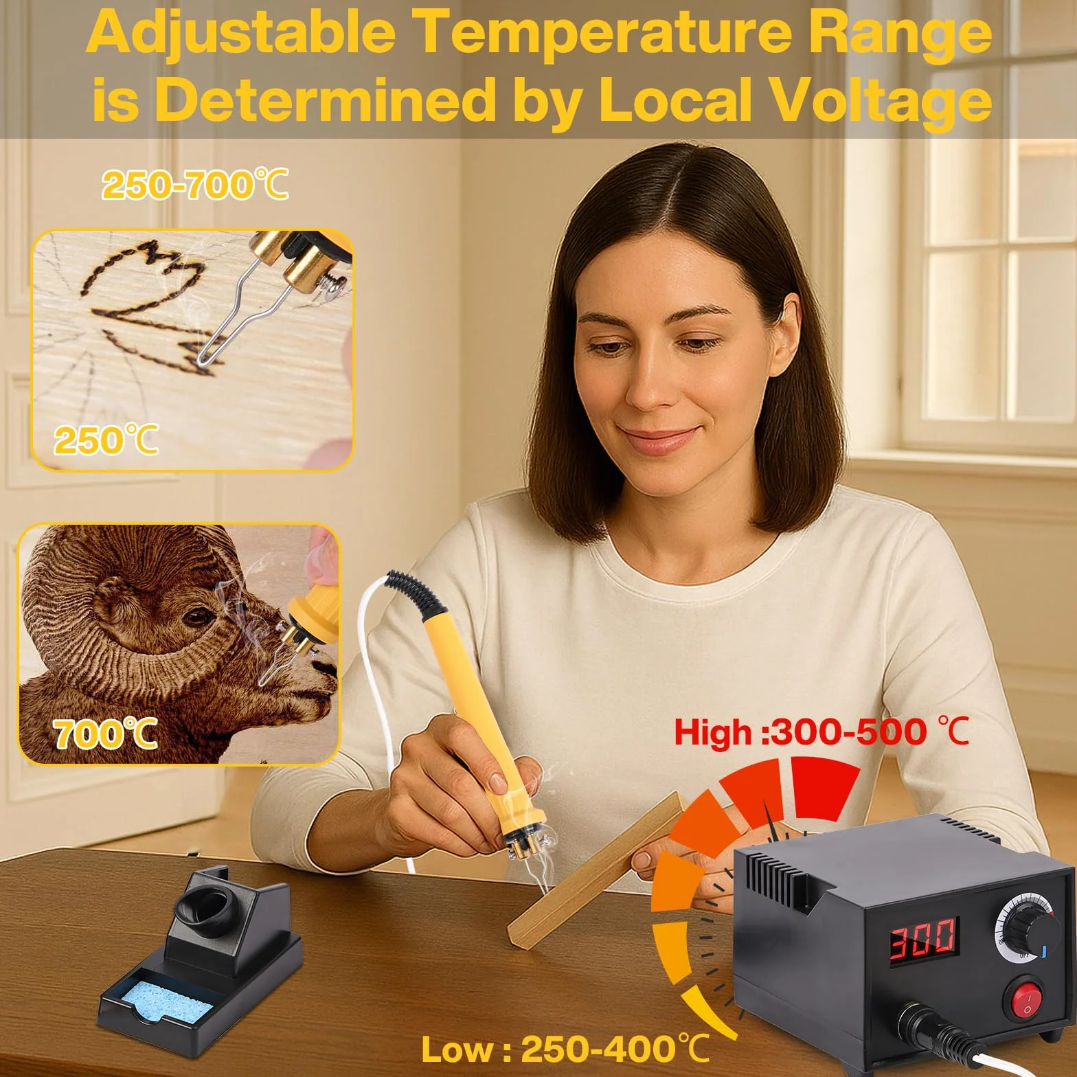 Set Profesional de Pirograbado con Pantalla LCD, 20 Puntas Incluidas, Temperatura Ajustable de 250 a 750 °C, Ideal para Madera, Cuero, Calabaza y Corcho