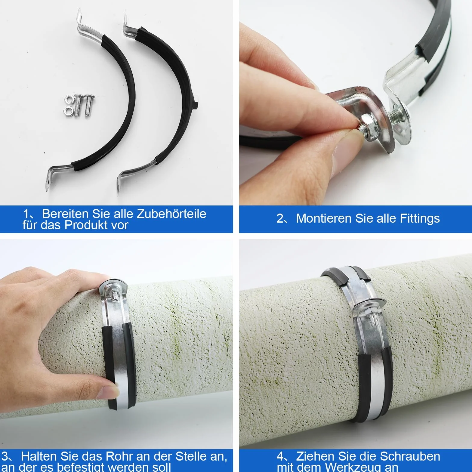 Abrazaderas de tubo de 110 mm, galvanizadas con inserto de goma, abrazaderas para tubo de ventilación, manguera de extracción, abrazaderas para soporte de tubos, abrazadera negra de goma