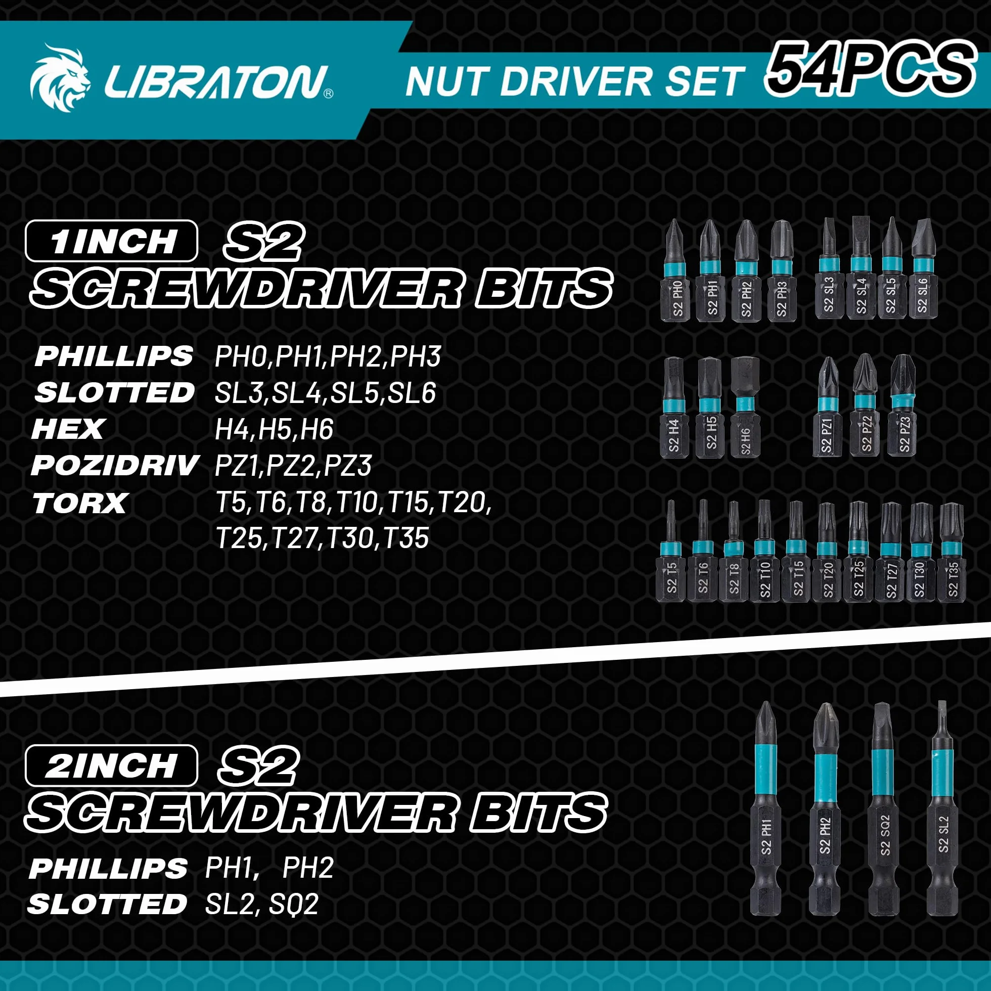 LIBRATON 54 Destornilladores de Tuerca Magnéticos, Brocas de Impacto de 1/4", Métrico y SAE para Taladro, Adaptadores de Vaso, Extensión de Liberación Rápida, Destornilladores de Tuerca de Ala, Caja