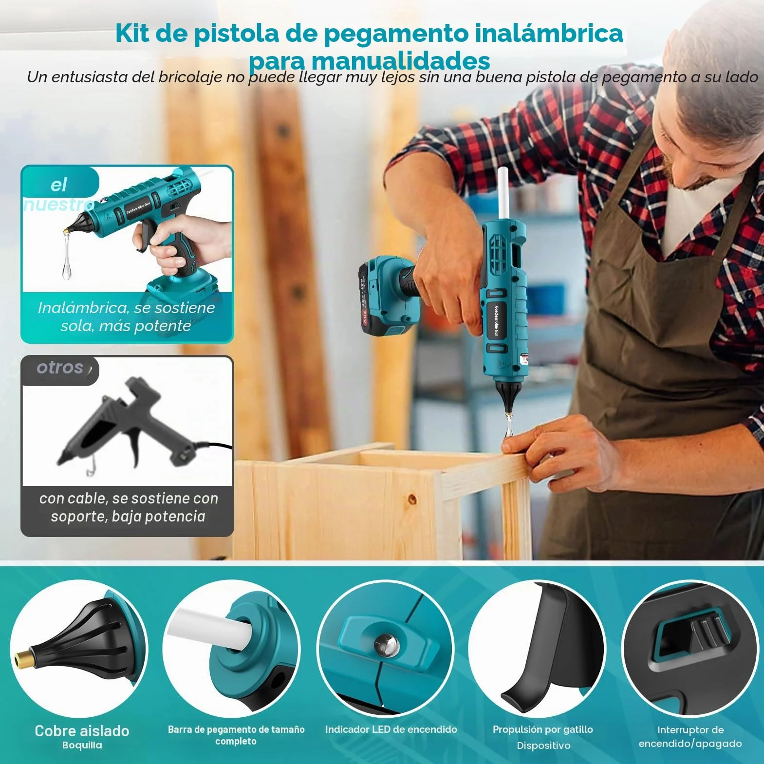 Pistola de Pegamento Caliente Inalámbrica con Batería de 100 W, con Batería de 21 V y 2000 mAh y Cargador, Pistola de Pegamento de Calentamiento Rápido con 12 barras de Pegamento, Pistola de Pegamento
