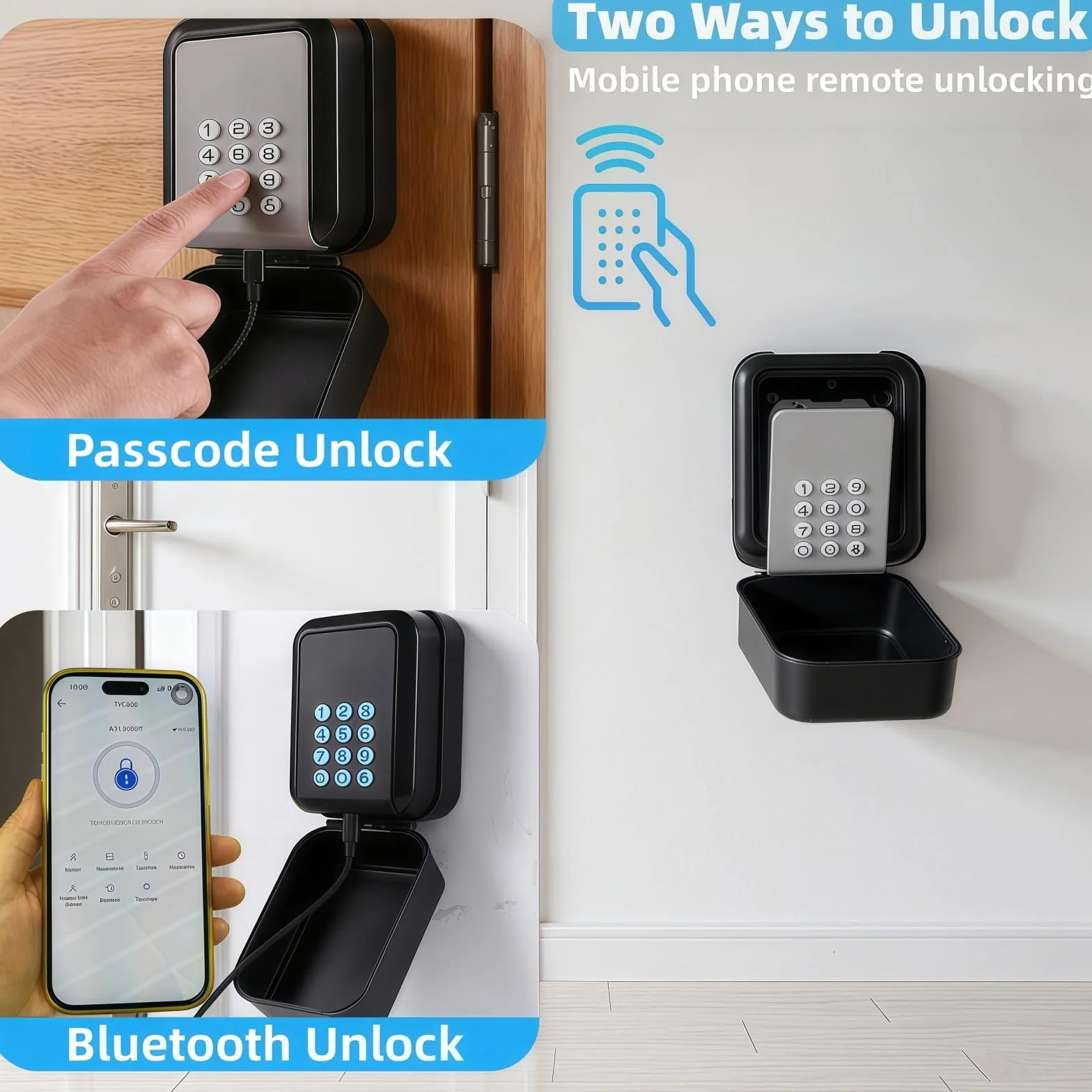 Caja fuerte electrónica inteligente para llaves, caja de llaves de pared con cerradura de 12 dígitos, Bluetooth o cerradura de combinación, cubierta impermeable para Airbnb, garaje, escuela y oficina