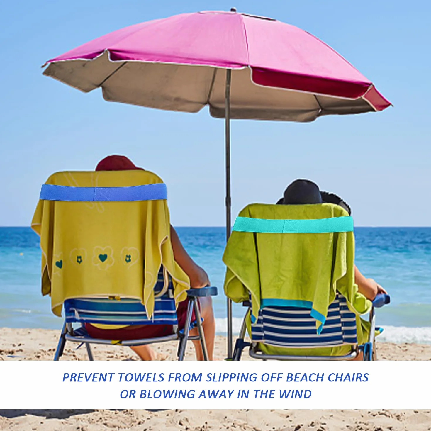 Toallero de 5 piezas con 1 bolsa de almacenamiento de malla, banda elástica, accesorios de playa, correa ajustable, toallero elástico, accesorio de baño de playa