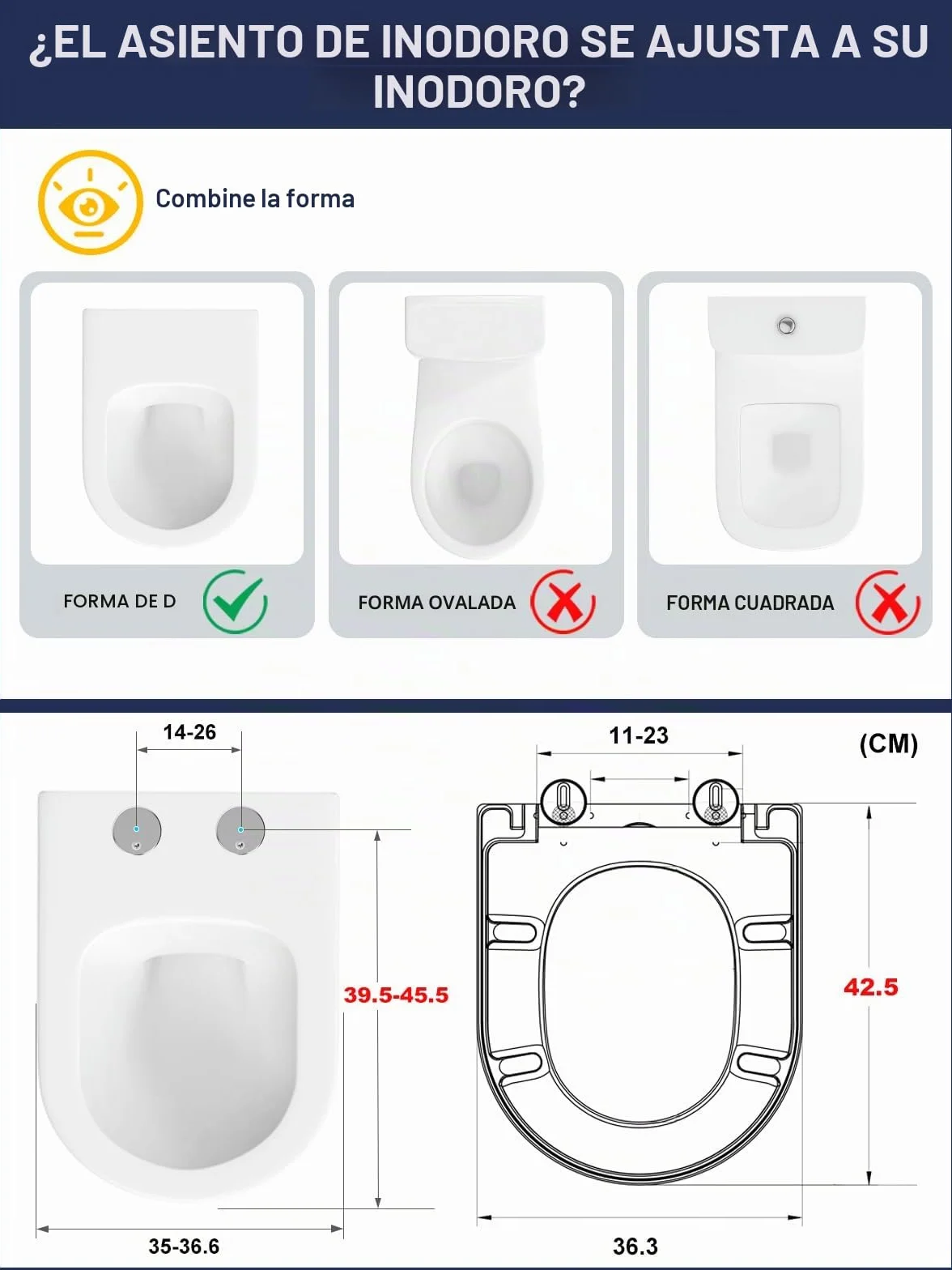Tapa WC Universal, YEAUPE PRO Asiento de Inodoro de Cierre Suave en Forma de D con Liberación Rápida para una Fácil Limpieza, Blanco, 43 x 36 CM