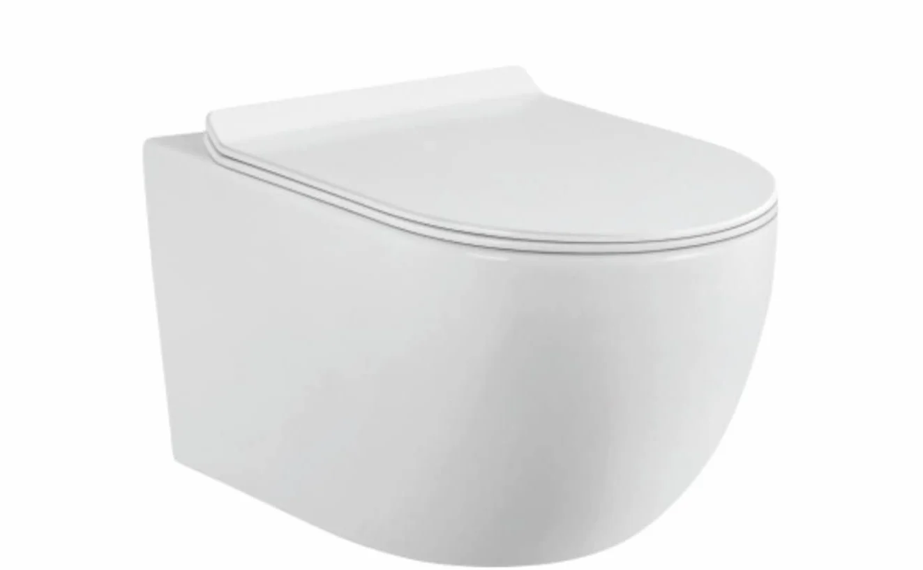 Juego completo de inodoro con asiento sin bordes, elemento de pared empotrable, cisterna de cerámica, color blanco/negro + placa pulsador (SD 1, blanco)