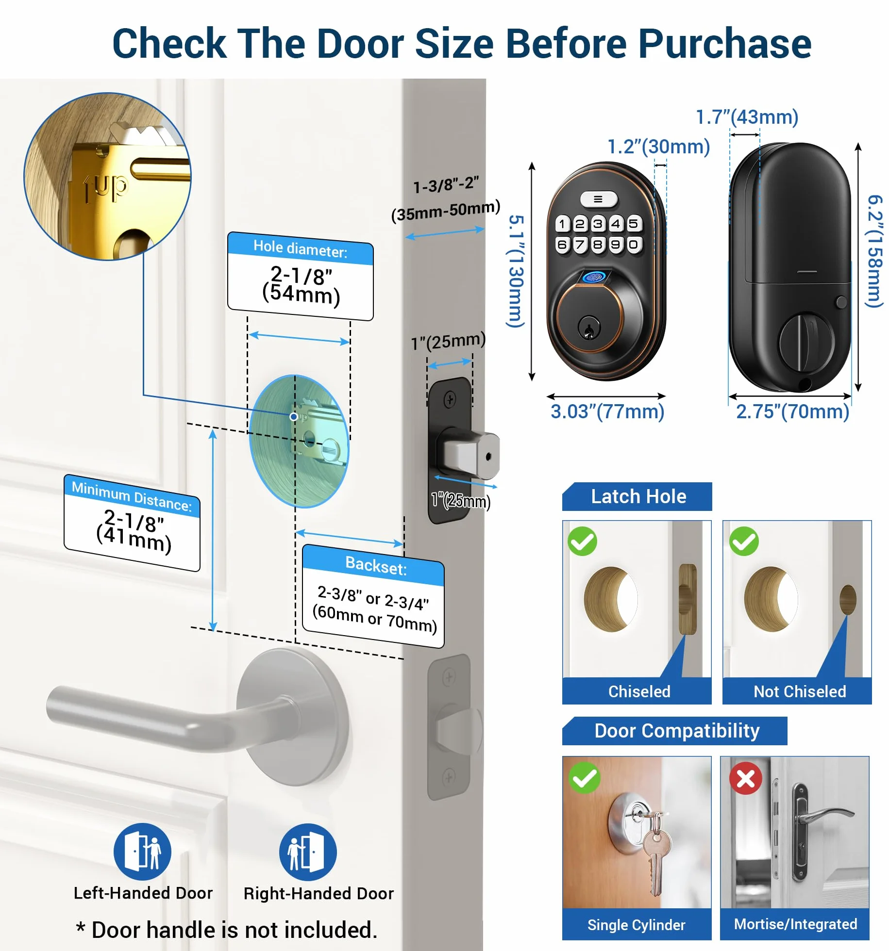 Veise - Cerradura de puerta de entrada sin llave con 20 huellas dactilares, contraseña antimiradas, bloqueo automático, entrada con llave, cerraduras inteligentes para puerta delantera, fácil