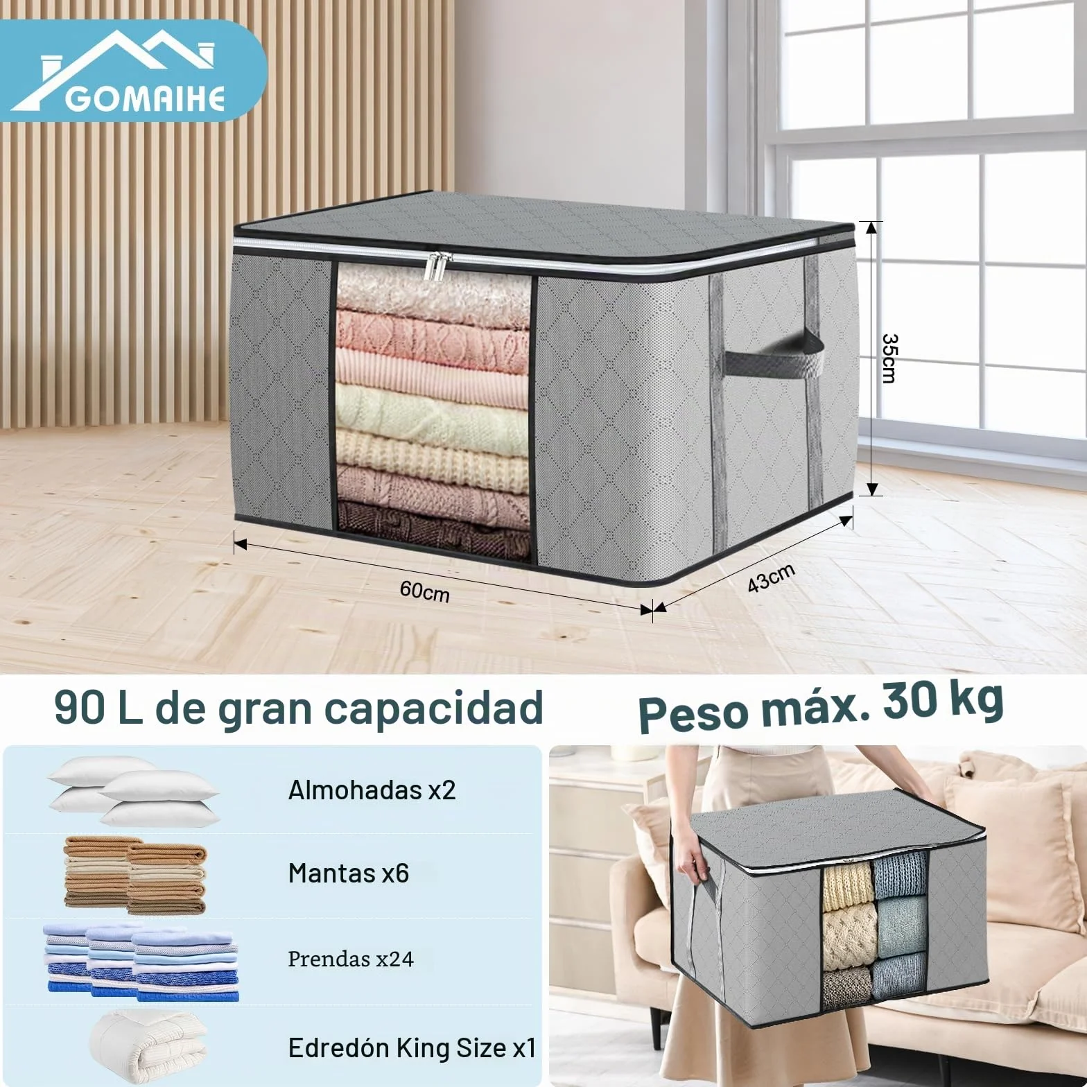 GoMaihe 90L Bolsa de almacenamiento 8 unidades con tapa grande asas reforzadas cajas de mudanza para ropa de cama