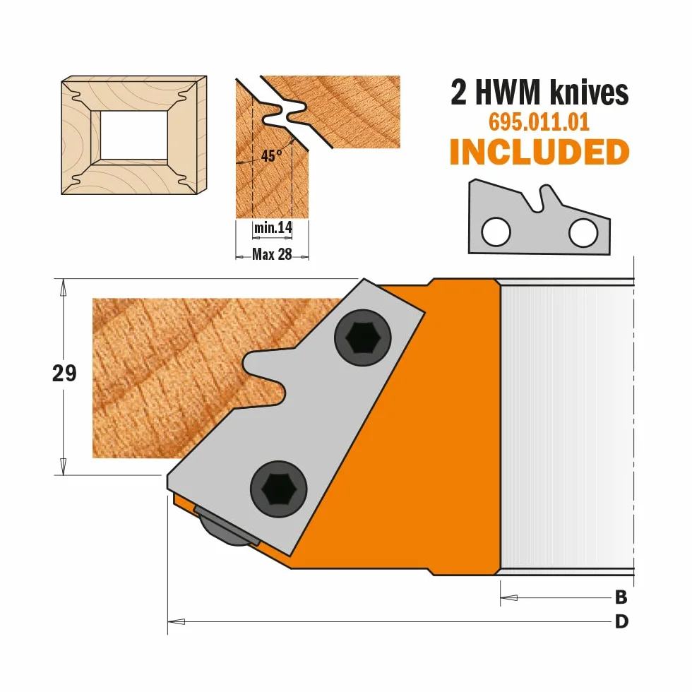 CMT 694.011.30 Cabezal portacuchillas para encastres en ángulo recto 45° 140x30mm