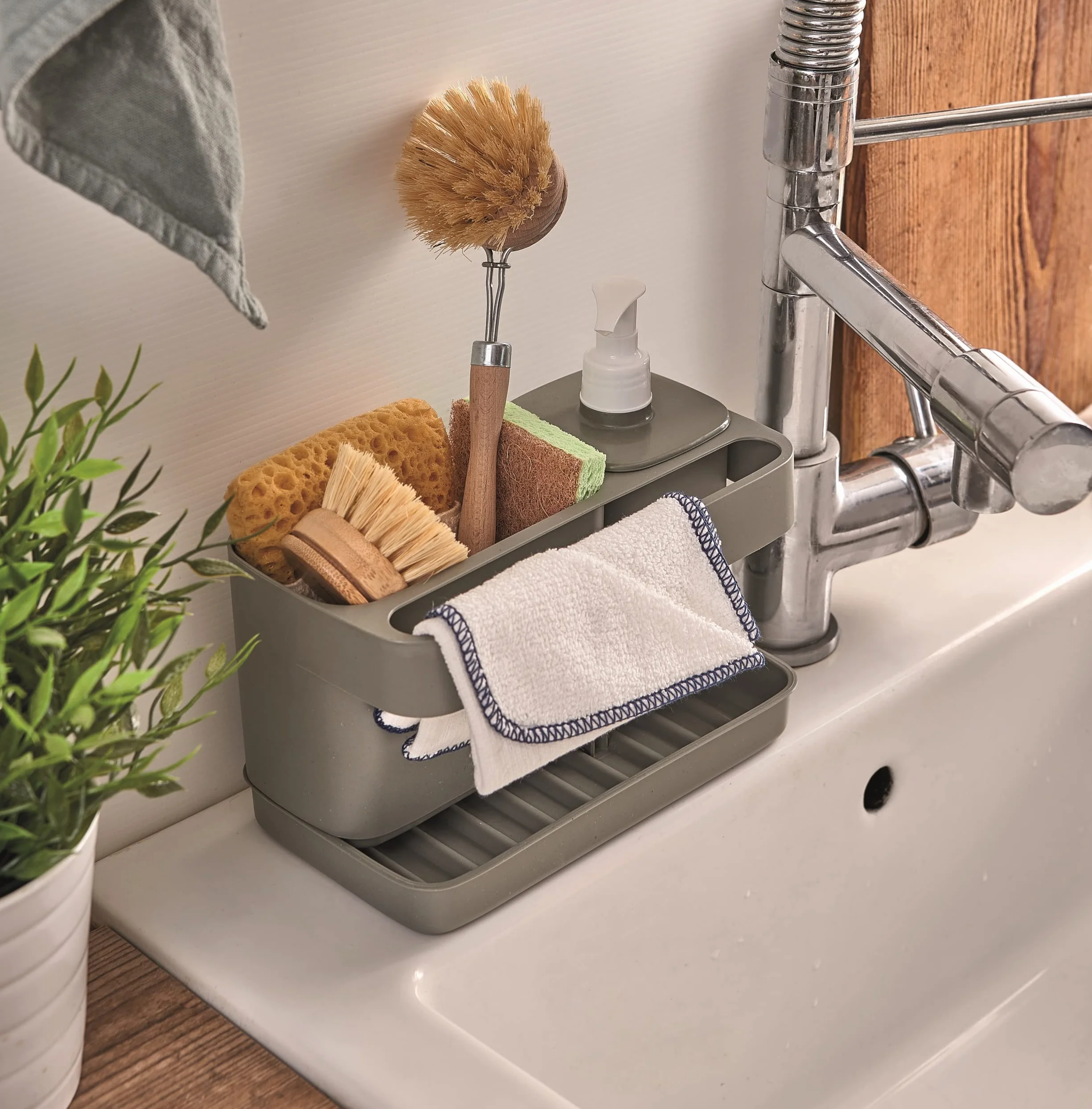 Riordinello Dispensador Jabón Baño Cocina 400 ml Organizador Fregadero Esponjas Bandeja 21x12x18 Gris