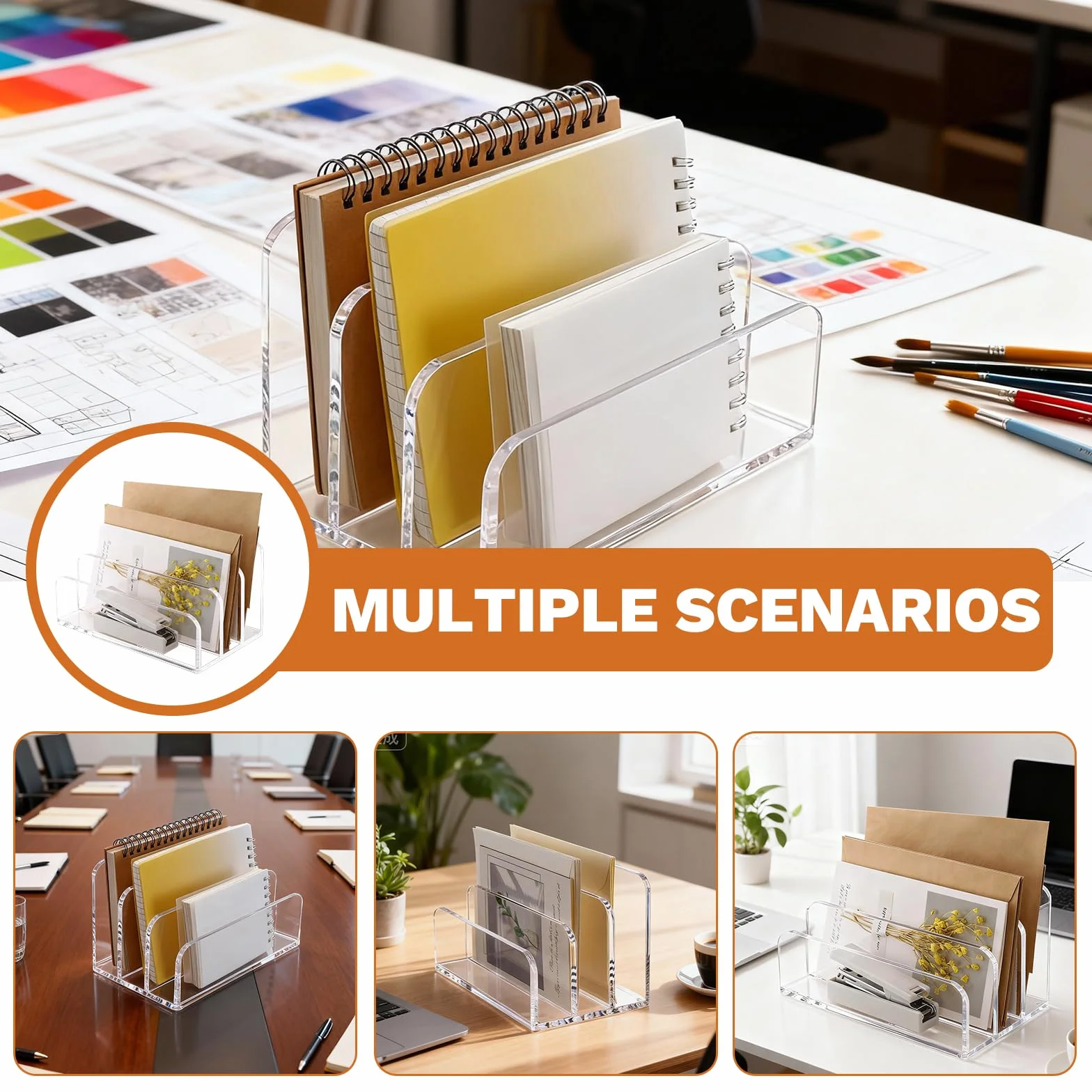 Organizador de cartas acrílico transparente con 3 compartimentos para escritorio