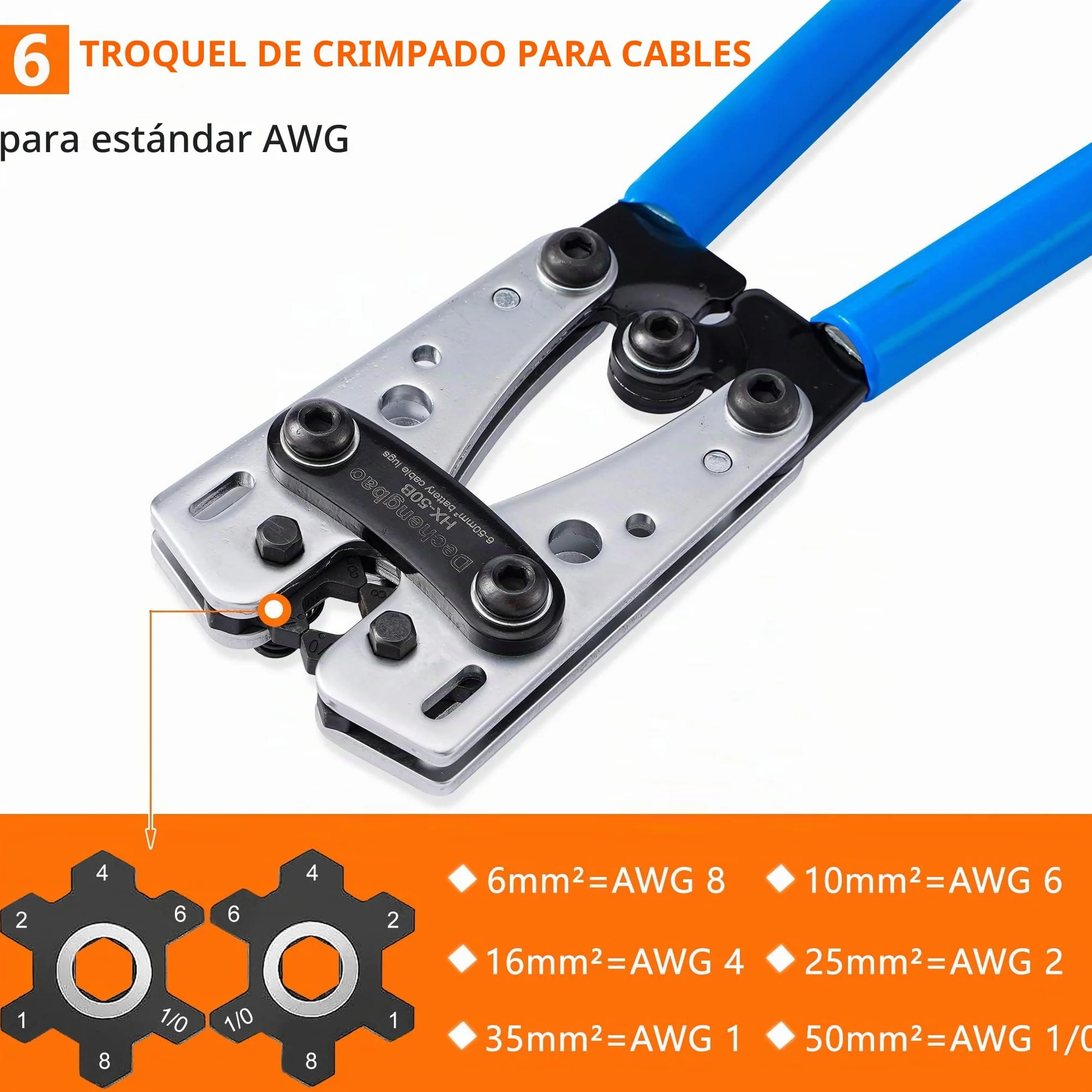 HX-50B - Herramientas de crimpado de lengüeta de cable de batería, alicates manuales para electricista de 6 a 50 mm² (AWG 8-1/0) con placa de metal gruesa y reforzada (HX50B Crmper + 60 terminales de