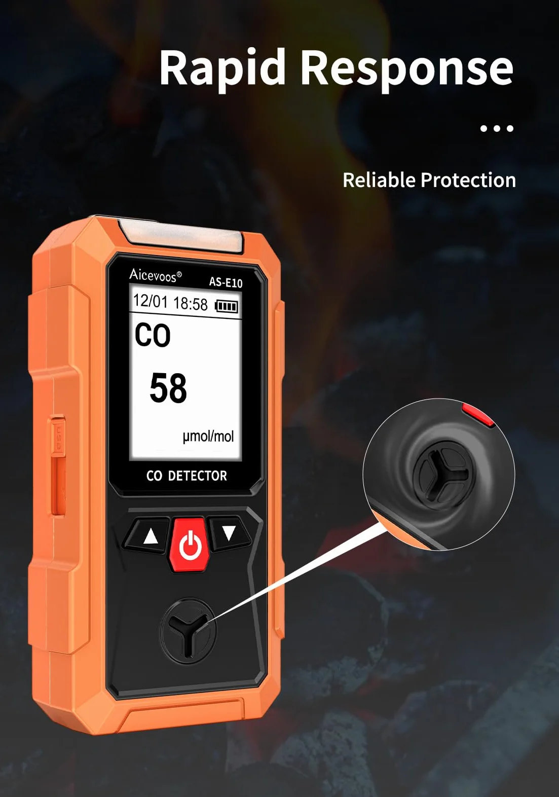 AS-E10 Detector de Monóxido de Carbono Portátil, Medidor Monóxido de Carbono con Alarma Sonora y Visual, 0-2000PPM, Alarma de CO, Pantalla LCD Retroiluminada, para Casa, Coche, Camping