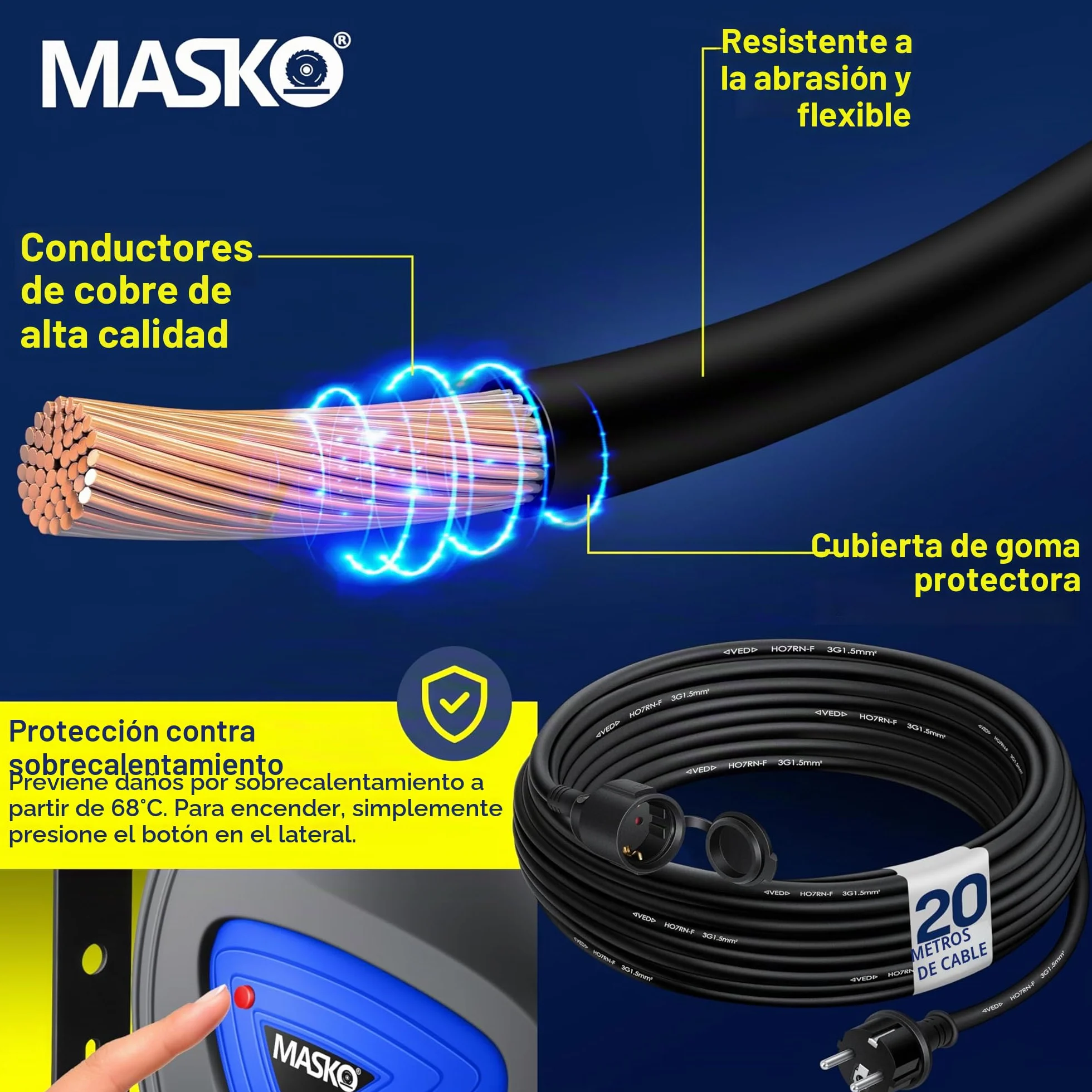 MASKO® Cable alargador automático de 20 m con conexión de 3 vías, giratorio 180°, cable de alimentación de 1,5 m, soporte de pared, enrollador de cables, enrollador de cables, incluye guantes