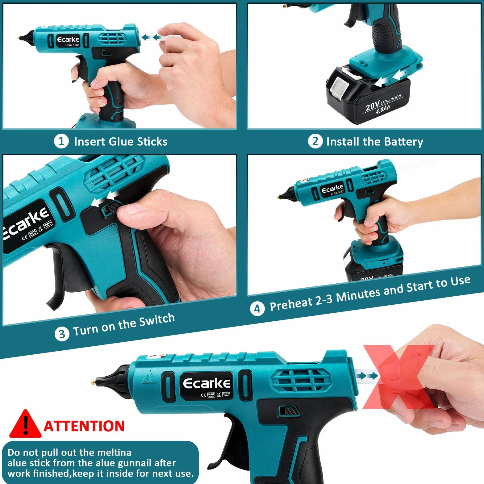 Ecarke Pistola de Pegamento Inalámbrica Compatible con Batería de Litio Makita 18V - Ideal para Reparaciones, Manualidades y Bricolaje - Incluye 20 Barras de Pegamento(Solo Herramienta)