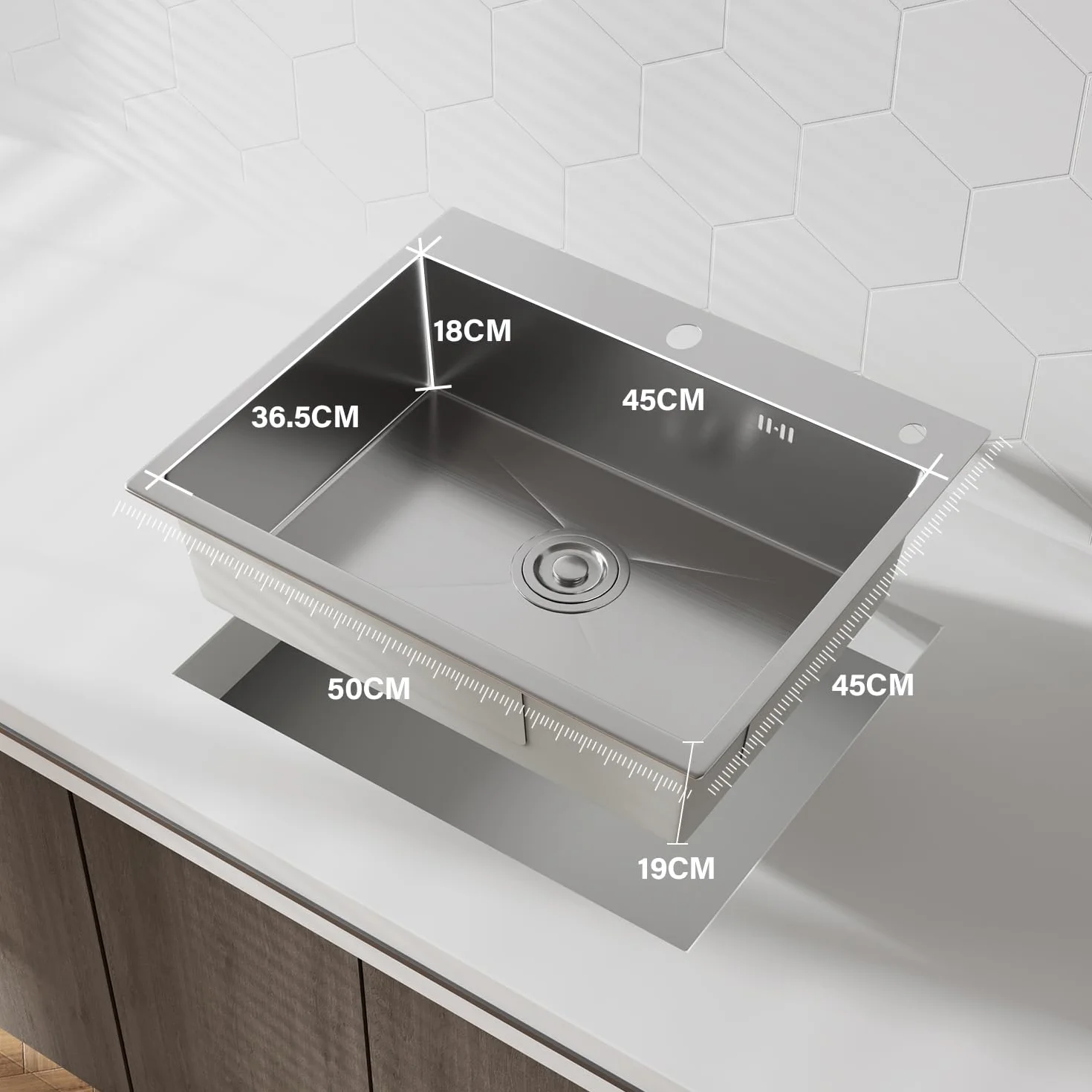 Fregadero Cocina 50x45 cm, STANEW Fregadero Cocina 1 Seno,Fregadero Inox con Dispensador de Jabón y Sifón，Sobre Encimera,Adecuado para Cocinas Pequeñas y Autocaravanas.