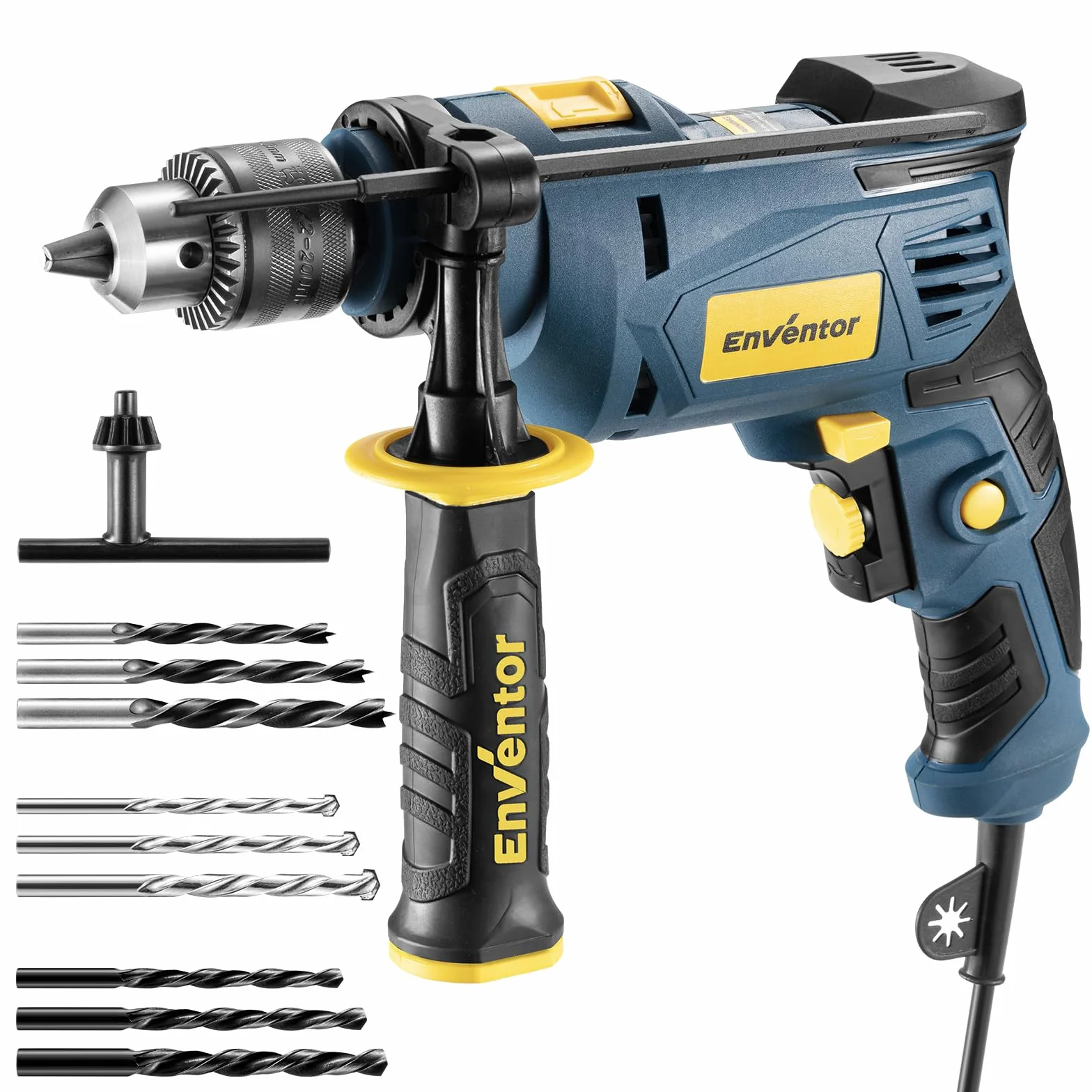 Enventor Taladro Percutor con Cable 750W, Mango Auxiliar de 360° | Función 2 en 1, Velocidad Variable 0-3100RPM, , Portabrocas de 13MM, para Concreto, Metal y Madera