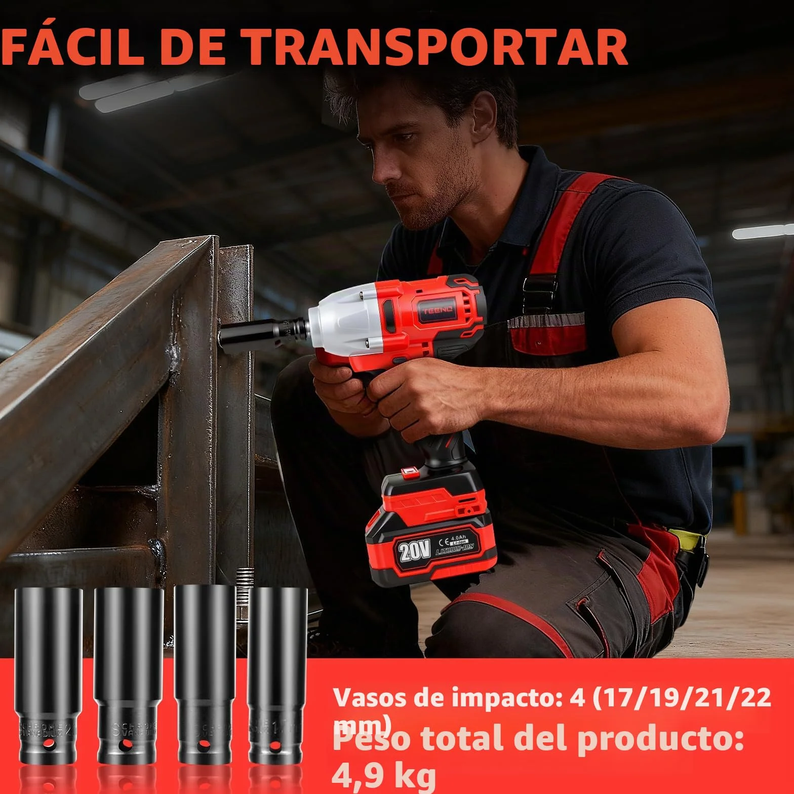TEENO Llave de impacto, inalámbrica,1/2" Pistola de Impacto Bateria 600 Nm con batería de 1x4.0Ah, llave de impacto con 4 boquillas(17/19/21/22mm), giratoria para coche y uso