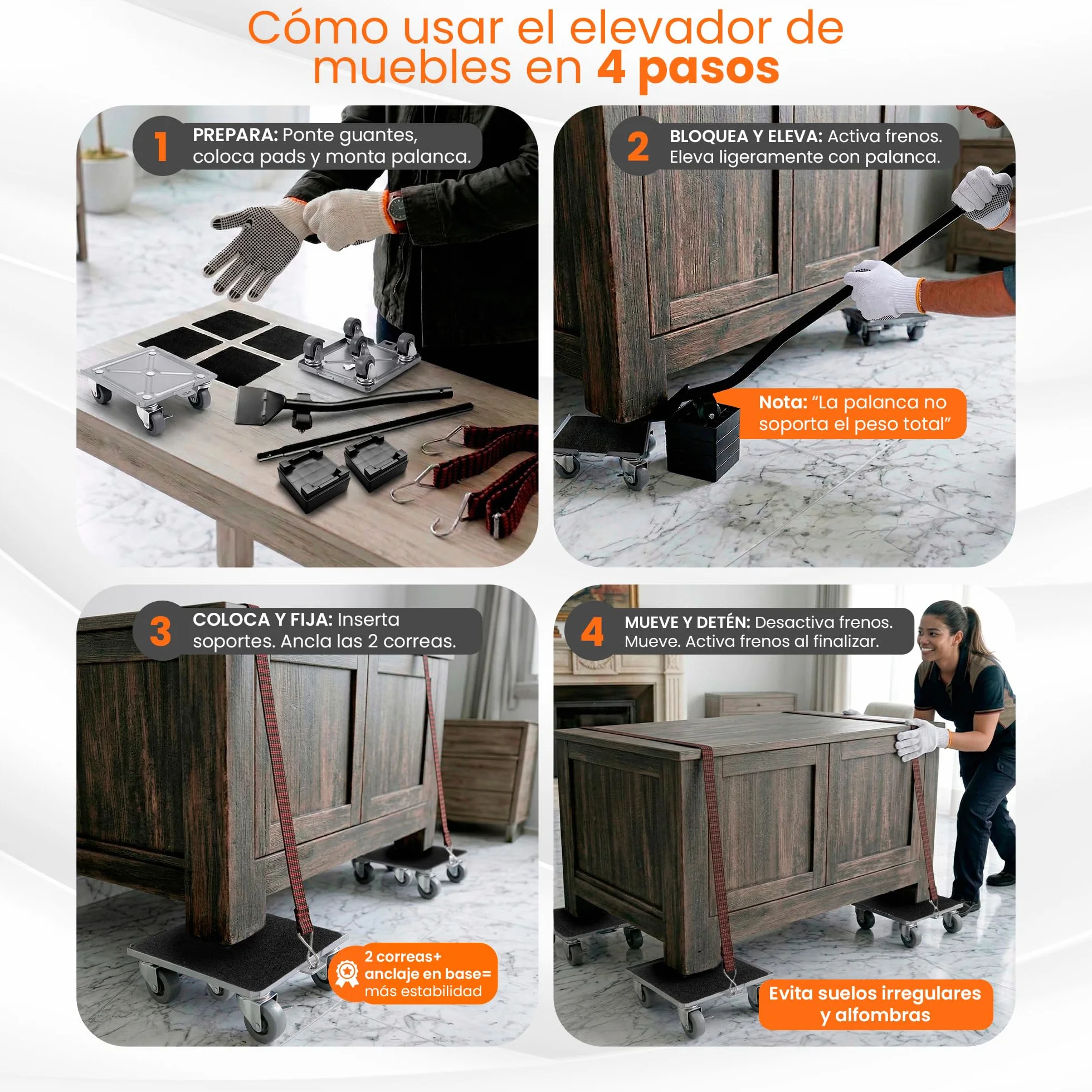 Ruedas para Mover Muebles Pesados 600kg - Elevador Muebles con 5 Ruedas 360°, Acero Reforzado, Correas de Amarre, Palanca Extensible, Kit Profesional 22 Piezas