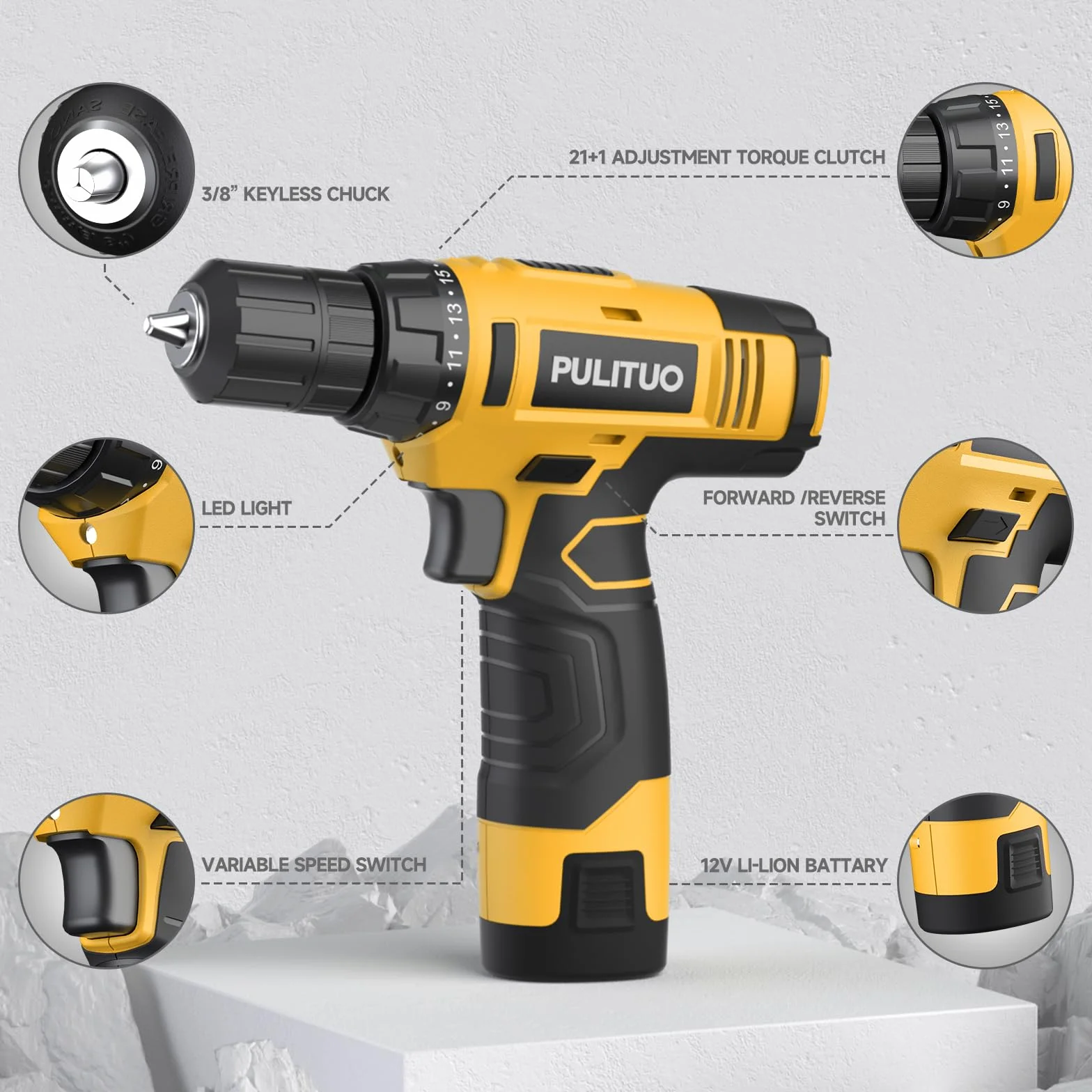 PULITUO 12V taladro inalámbrico, juegos de brocas de perforación de gran alcance con la batería de Li-Ion, 21 + 1 Ajuste de par, 3/8 "pulgadas portabrocas sin llave, taladro eléctrico.
