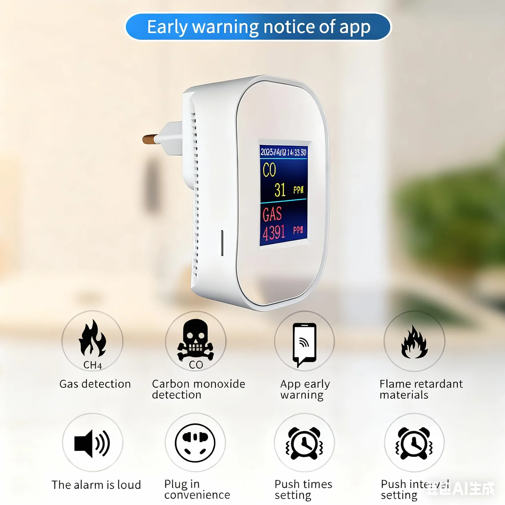 Detector de Gas y Monóxido de Carbono WiFi con Enchufe, Pantalla LED, App Tuya/Smart Life, EN50291 & EN50194