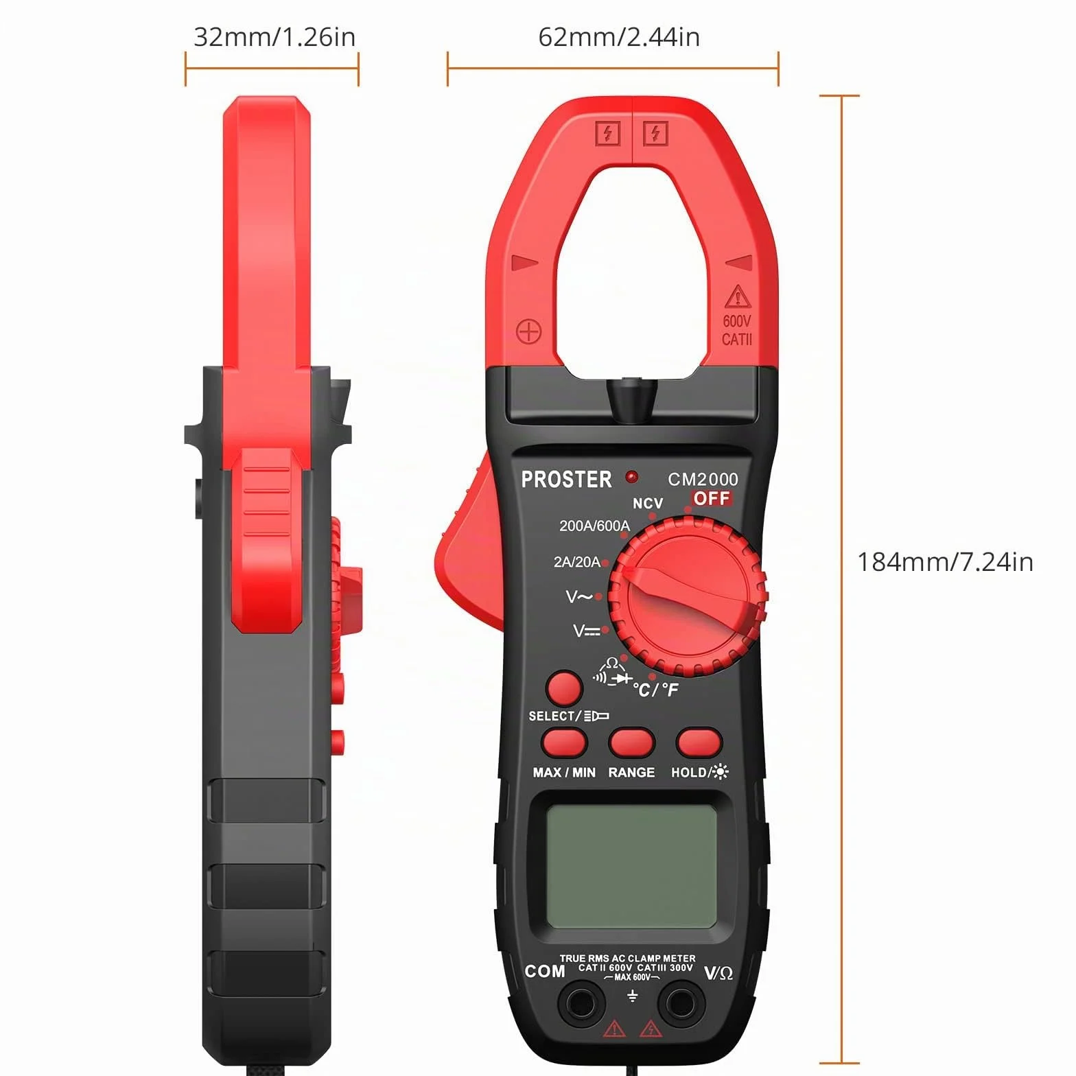 Proster Pinza Amperimétrica 2000 Cuentas 600A TRMS NCV Multímetro Digital Rango Automático con Pantalla Retroiluminada para Voltaje AC DC Corriente AC Diodo Resistencia Continuidad Temperatura