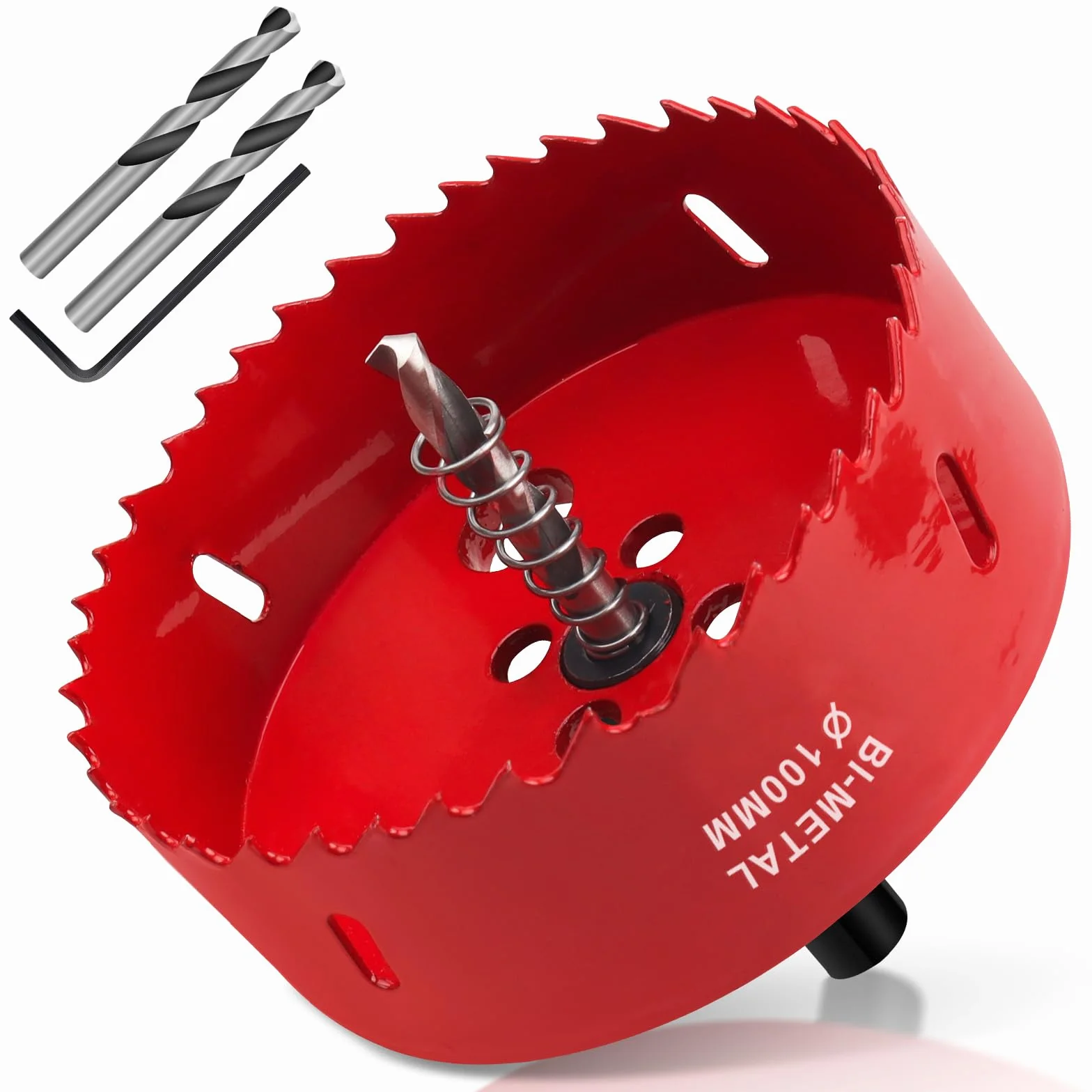 Sierras de Corona 100mm, M42 HSS Bi-Metal Corona Taladro con Adaptador Hexagonal y Taladro, Corona Metal para Pladur Madera Plástico, 1 pieza Rojo