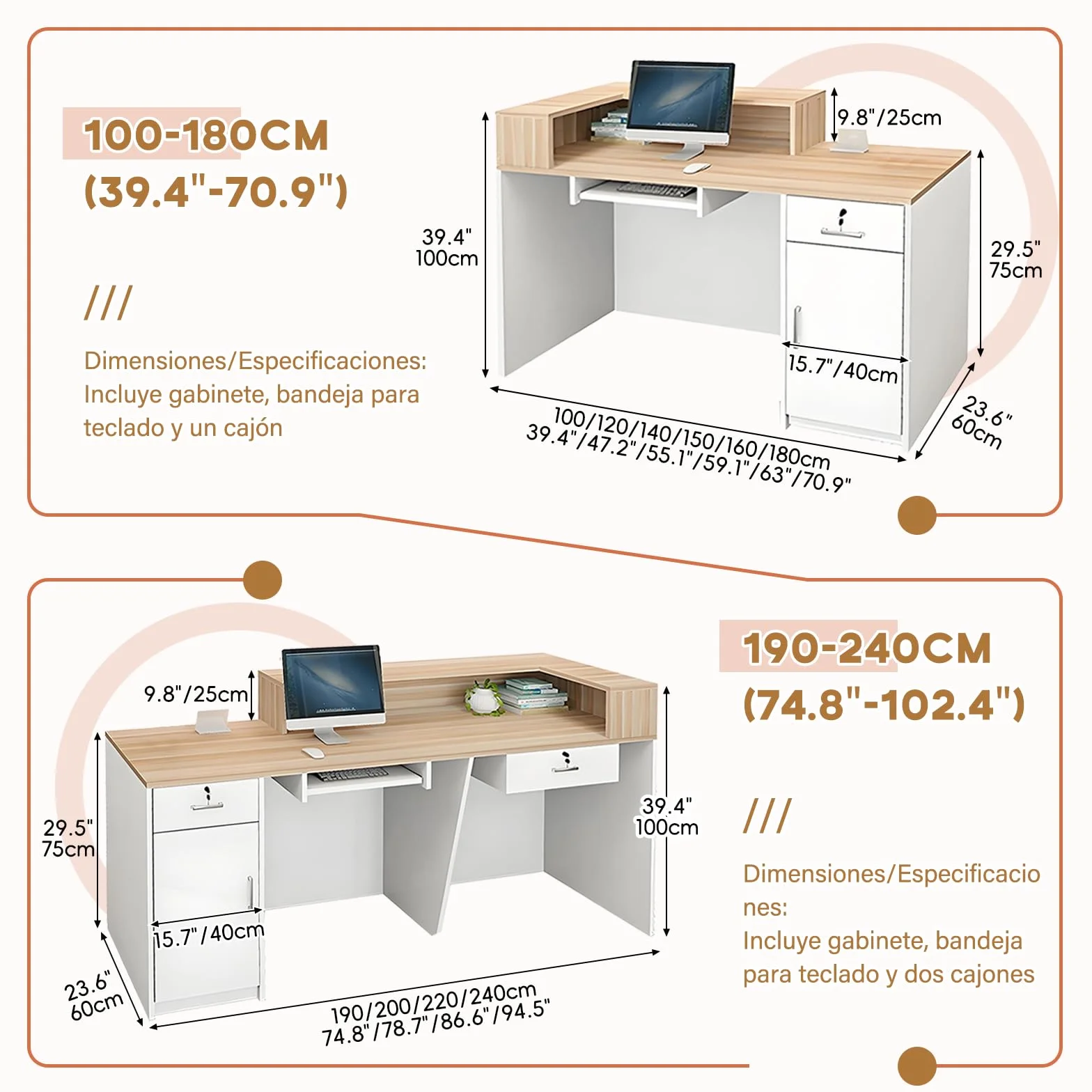 Mostrador de Recepción Moderno de MDF 100-240 cm con Cajón y Estantes Abiertos Mueble de Oficina
