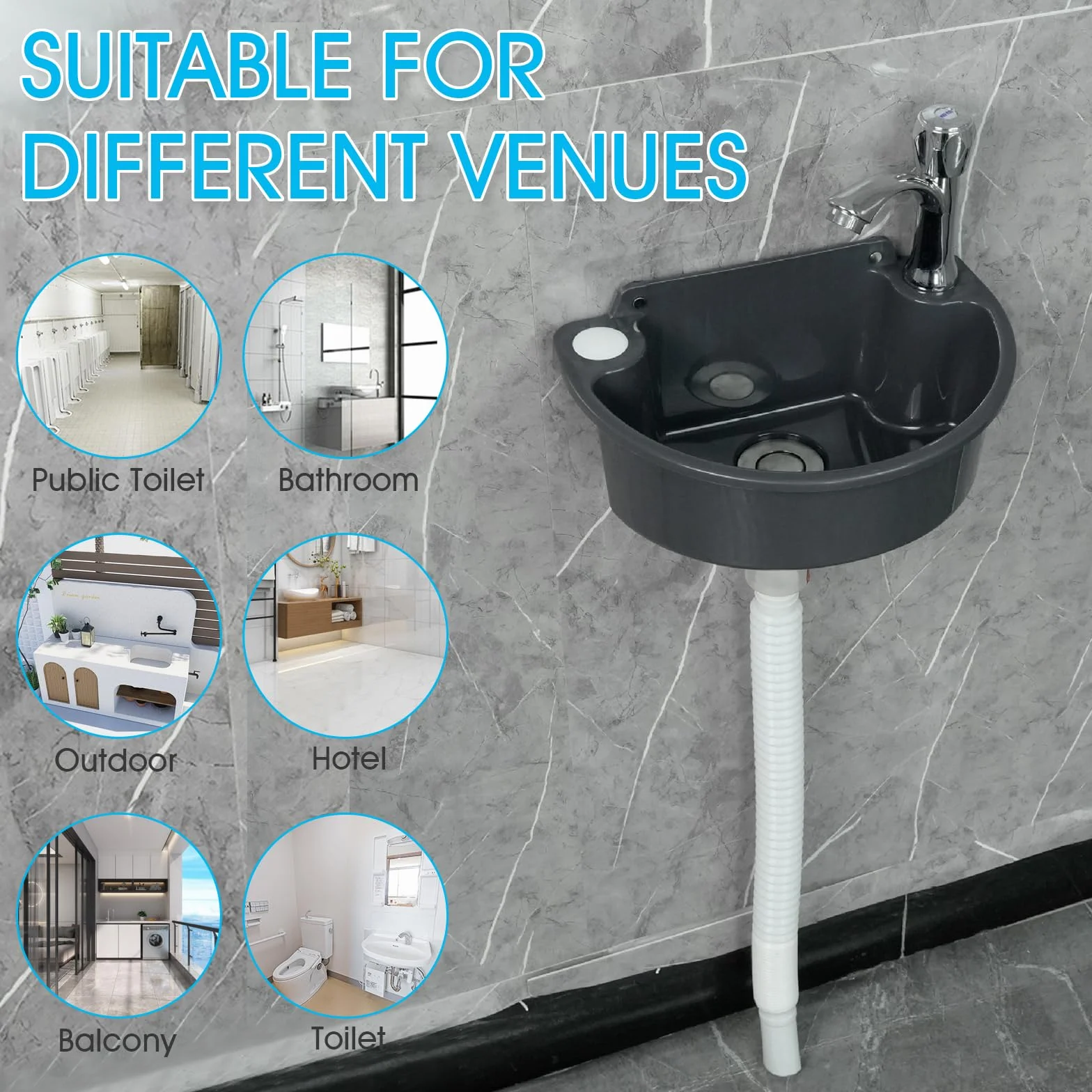 Fregadero de plástico simple con manguera y desagüe para garaje, sótano, taller, lavadero, cocina, fregadero exterior, lavabo de jardín (negro)